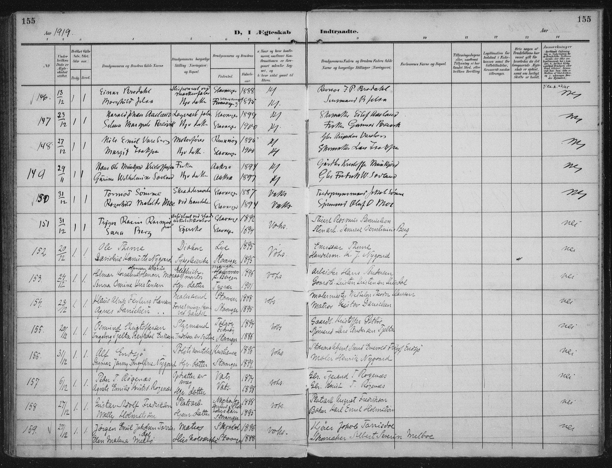 Domkirken sokneprestkontor, AV/SAST-A-101812/002/A/L0016: Parish register (official) no. A 33, 1905-1922, p. 155