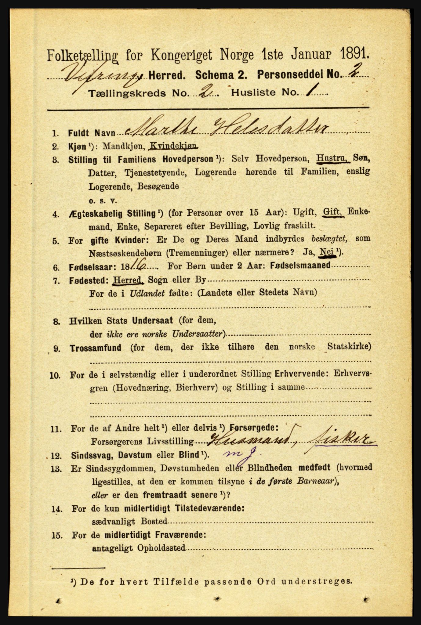 RA, 1891 census for 1434 Vevring, 1891, p. 427