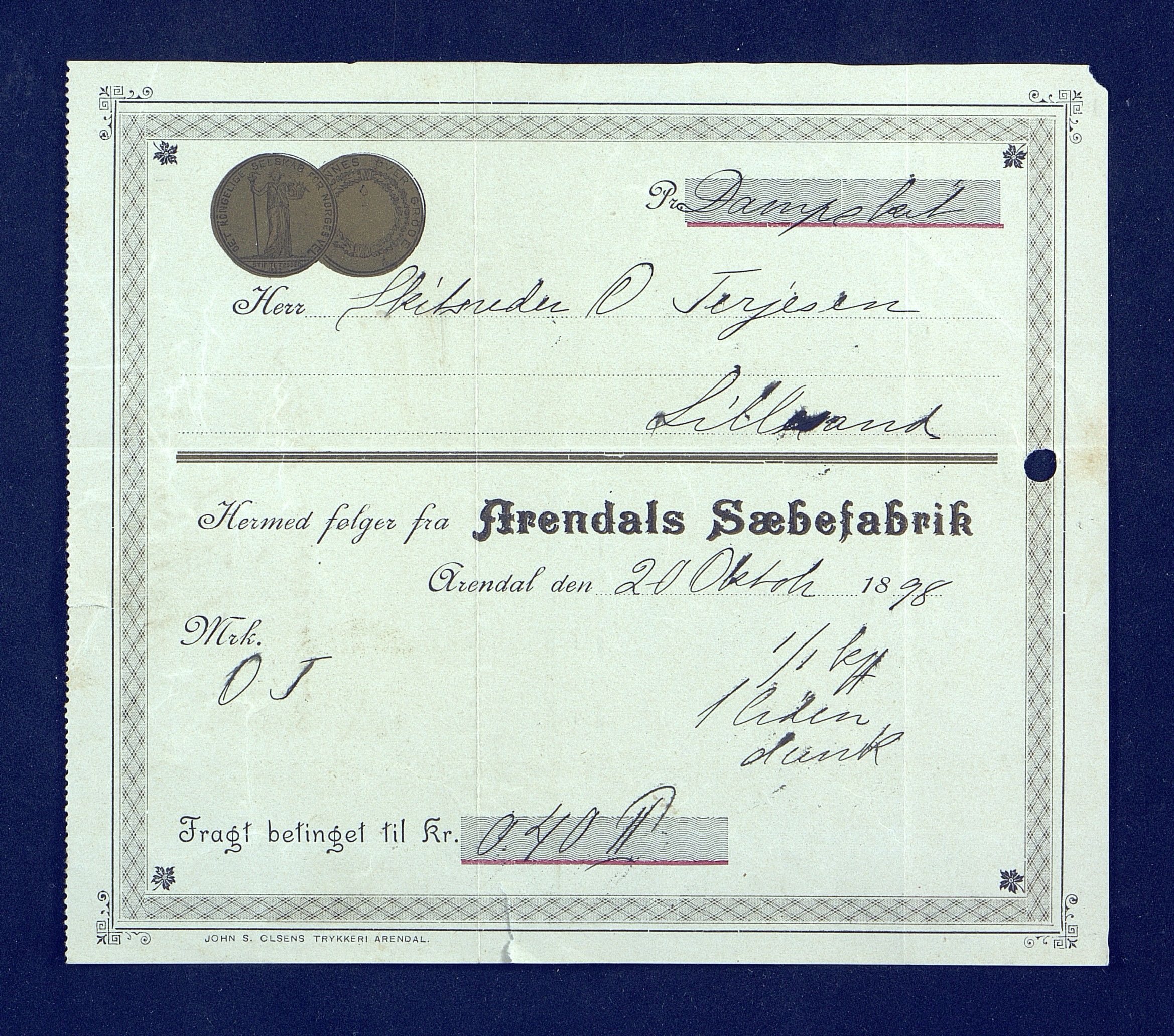 O. Terjesens rederi, AAKS/PA-2525/R/R02/L0001: Regnskapsbilag, 1884-1898