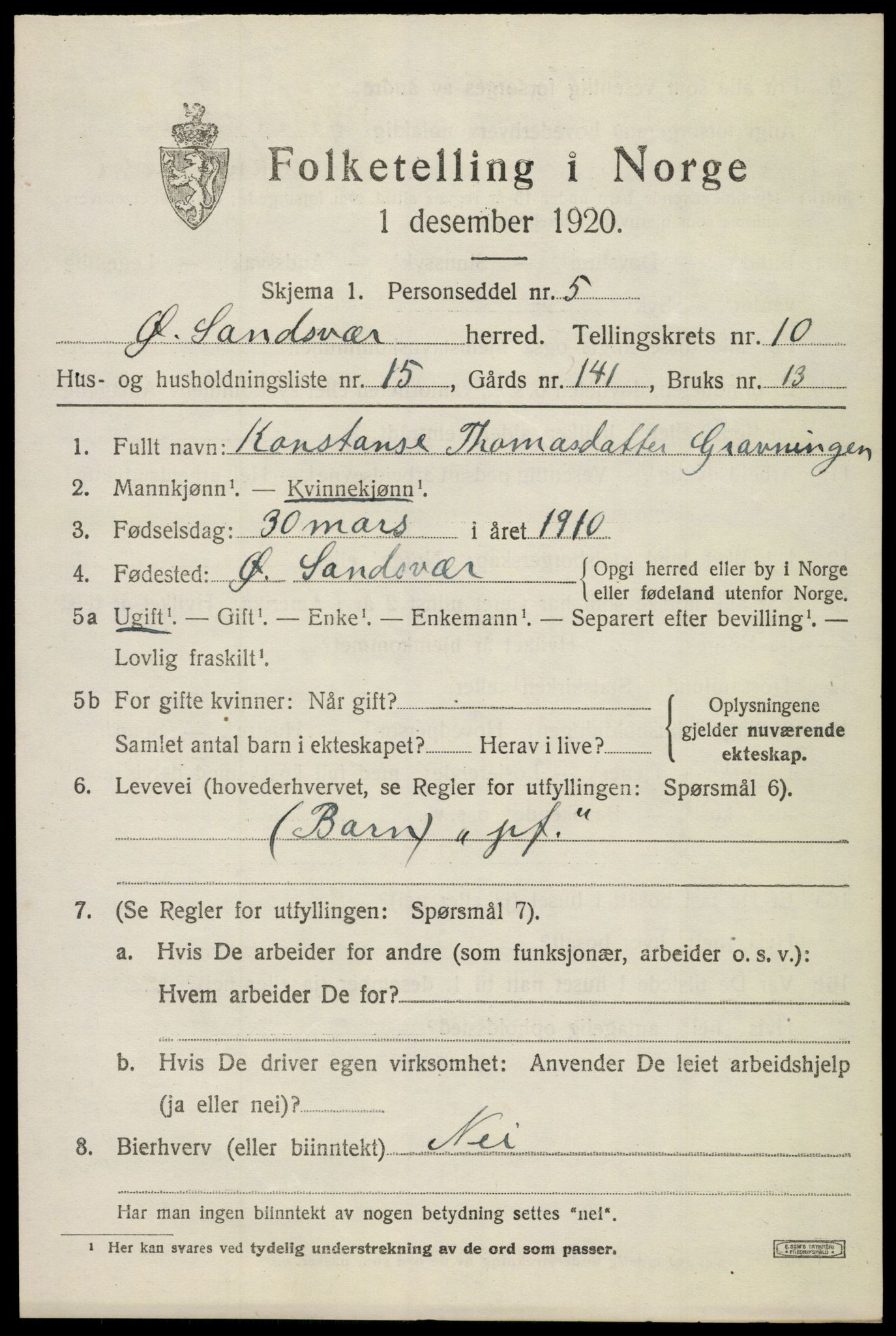 SAKO, 1920 census for Øvre Sandsvær, 1920, p. 5710