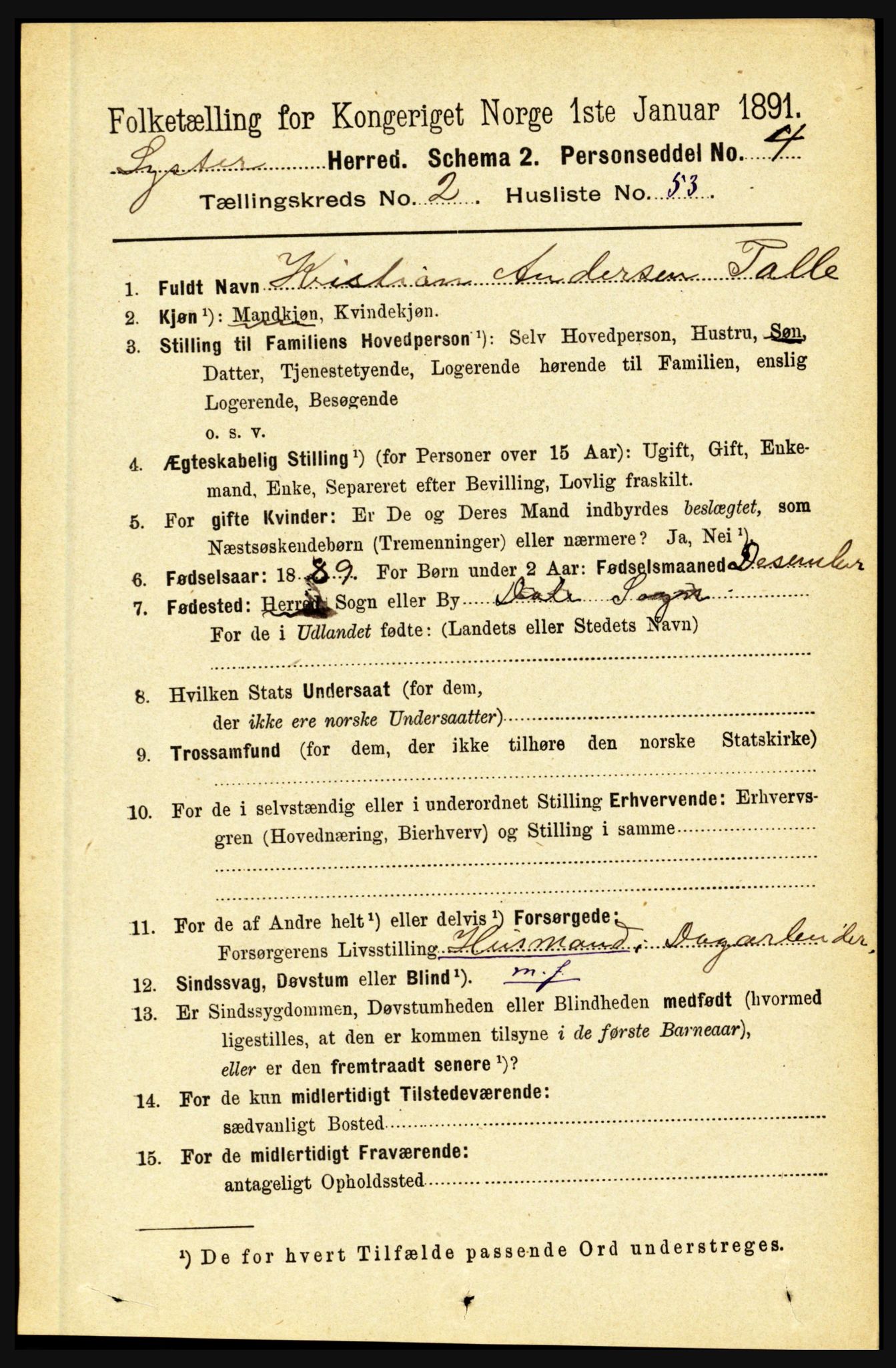 RA, 1891 census for 1426 Luster, 1891, p. 1085