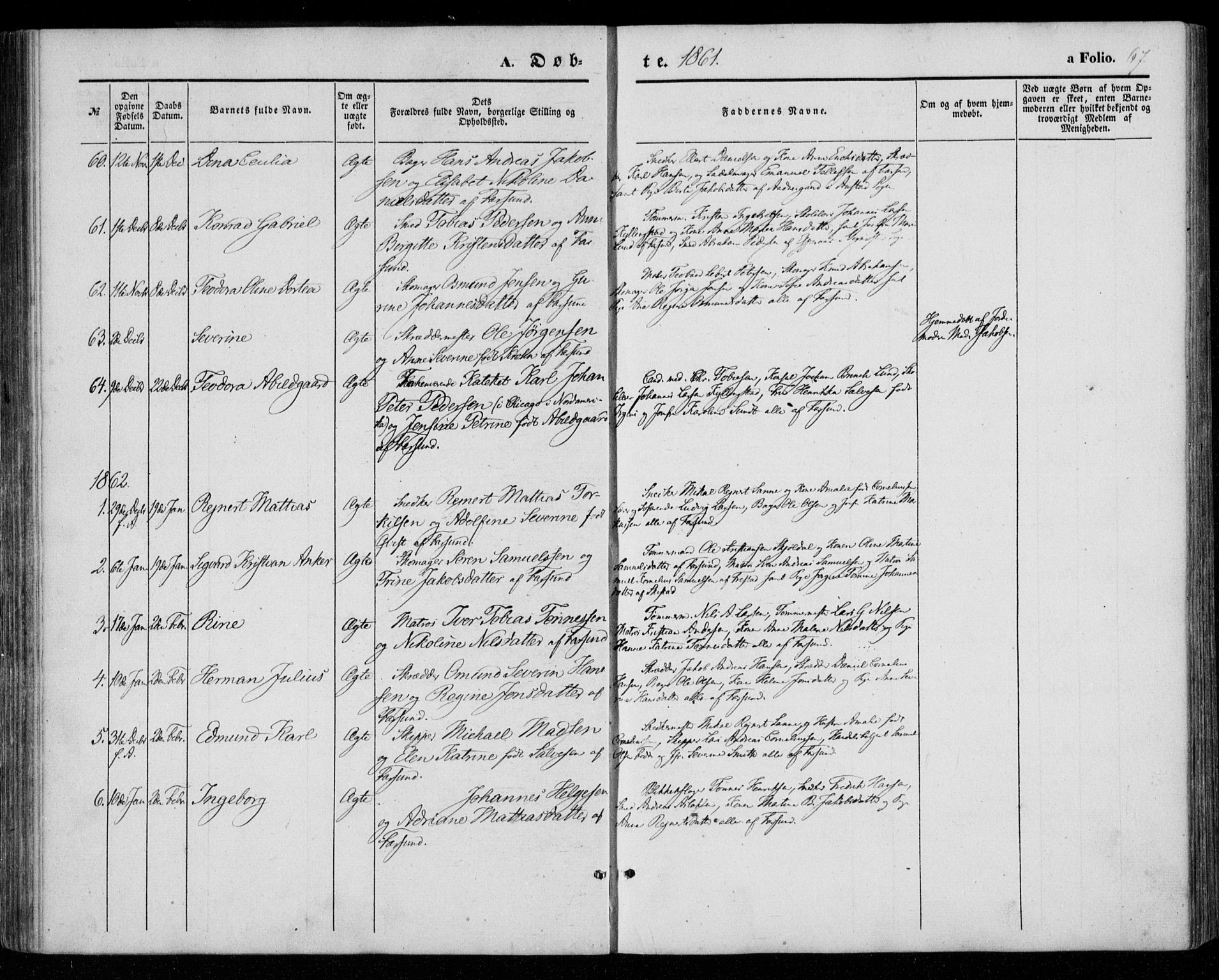 Farsund sokneprestkontor, AV/SAK-1111-0009/F/Fa/L0004: Parish register (official) no. A 4, 1847-1863, p. 67