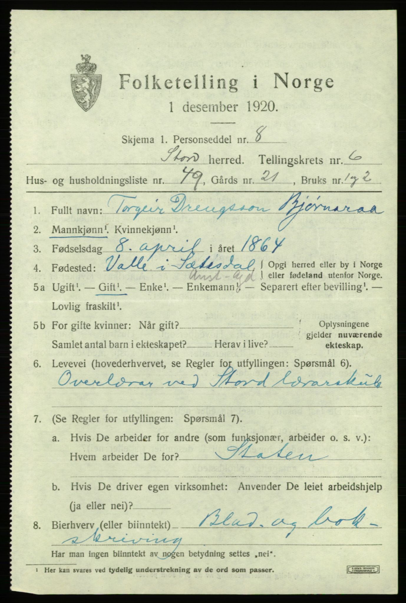 SAB, 1920 census for Stord, 1920, p. 3085