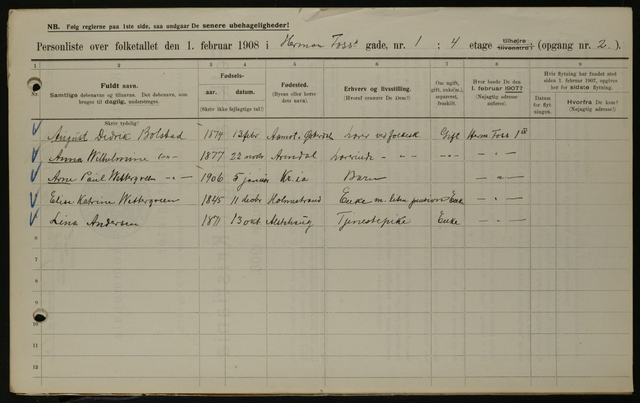 OBA, Municipal Census 1908 for Kristiania, 1908, p. 34697