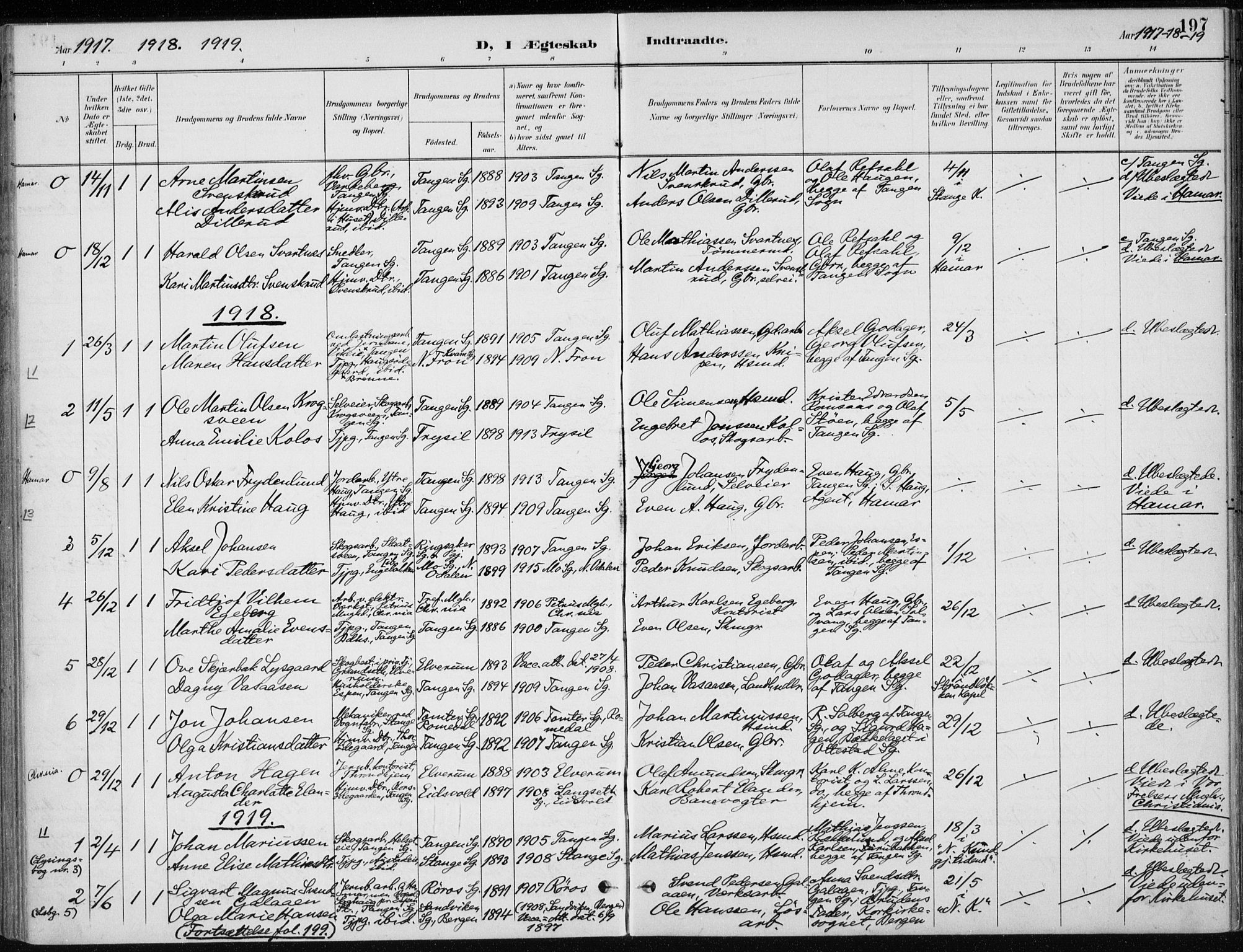Stange prestekontor, SAH/PREST-002/K/L0023: Parish register (official) no. 23, 1897-1920, p. 197