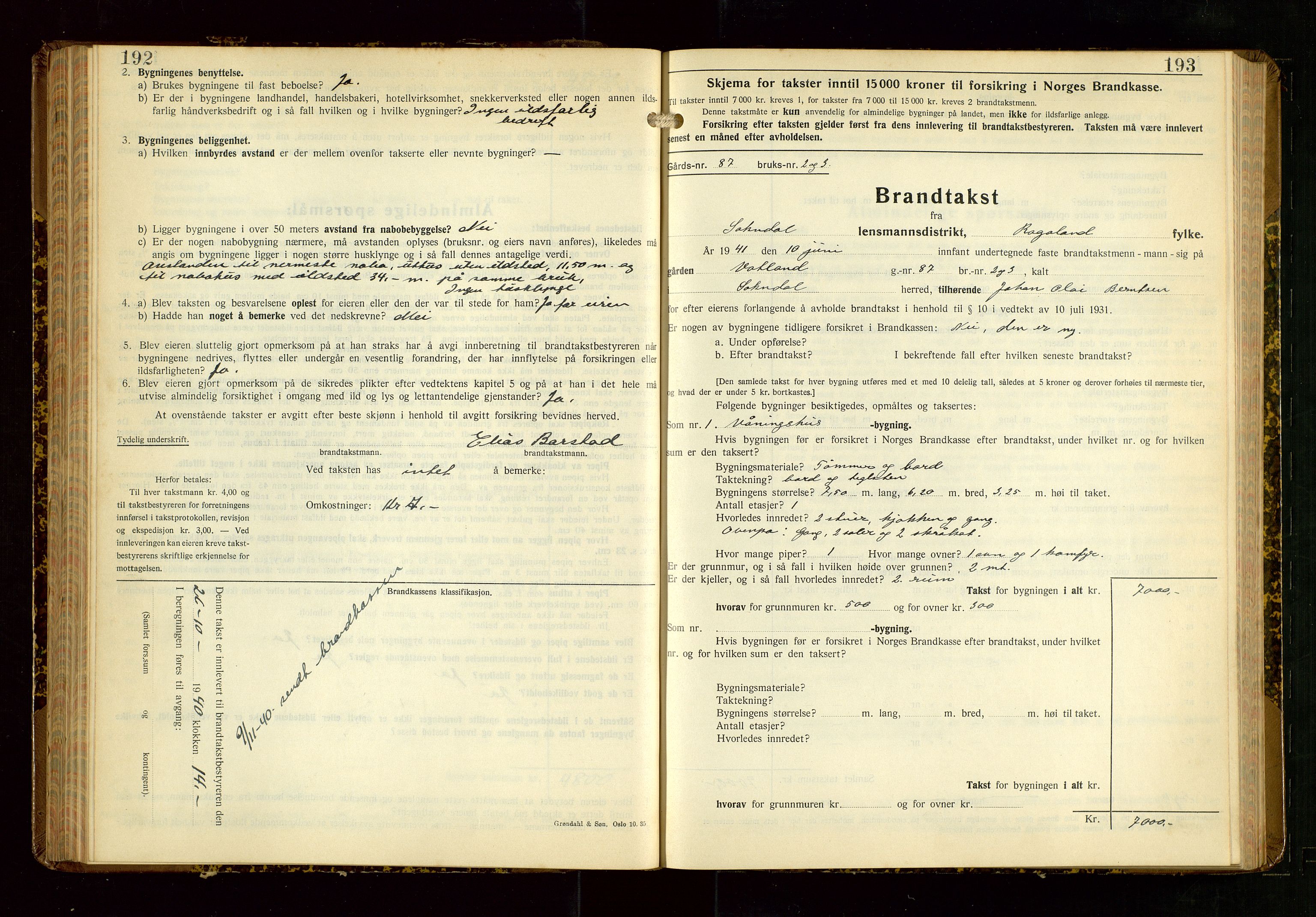Sokndal lensmannskontor, SAST/A-100417/Gob/L0008: "Brandtakst-Protokoll", 1937-1955, p. 192-193