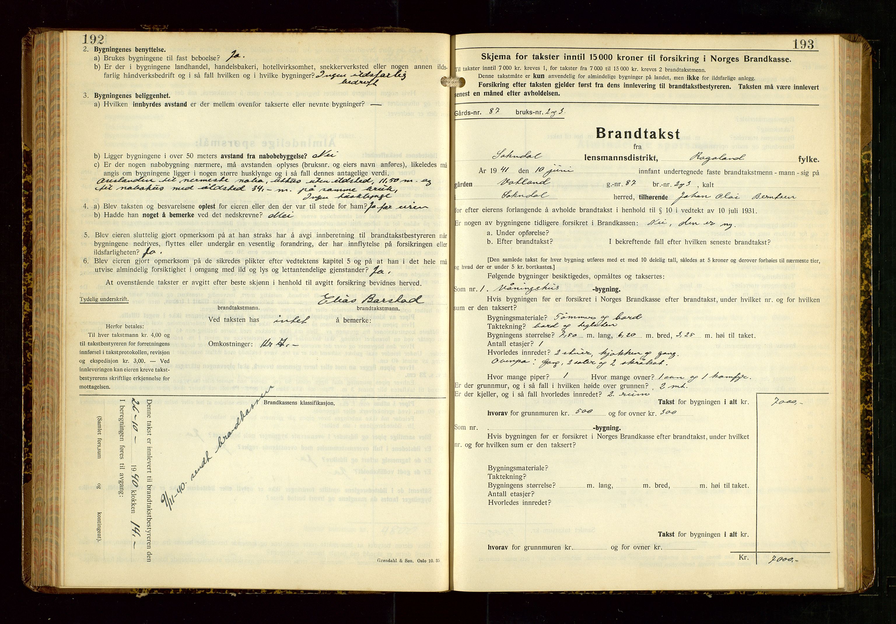 Sokndal lensmannskontor, AV/SAST-A-100417/Gob/L0008: "Brandtakst-Protokoll", 1937-1955, p. 192-193