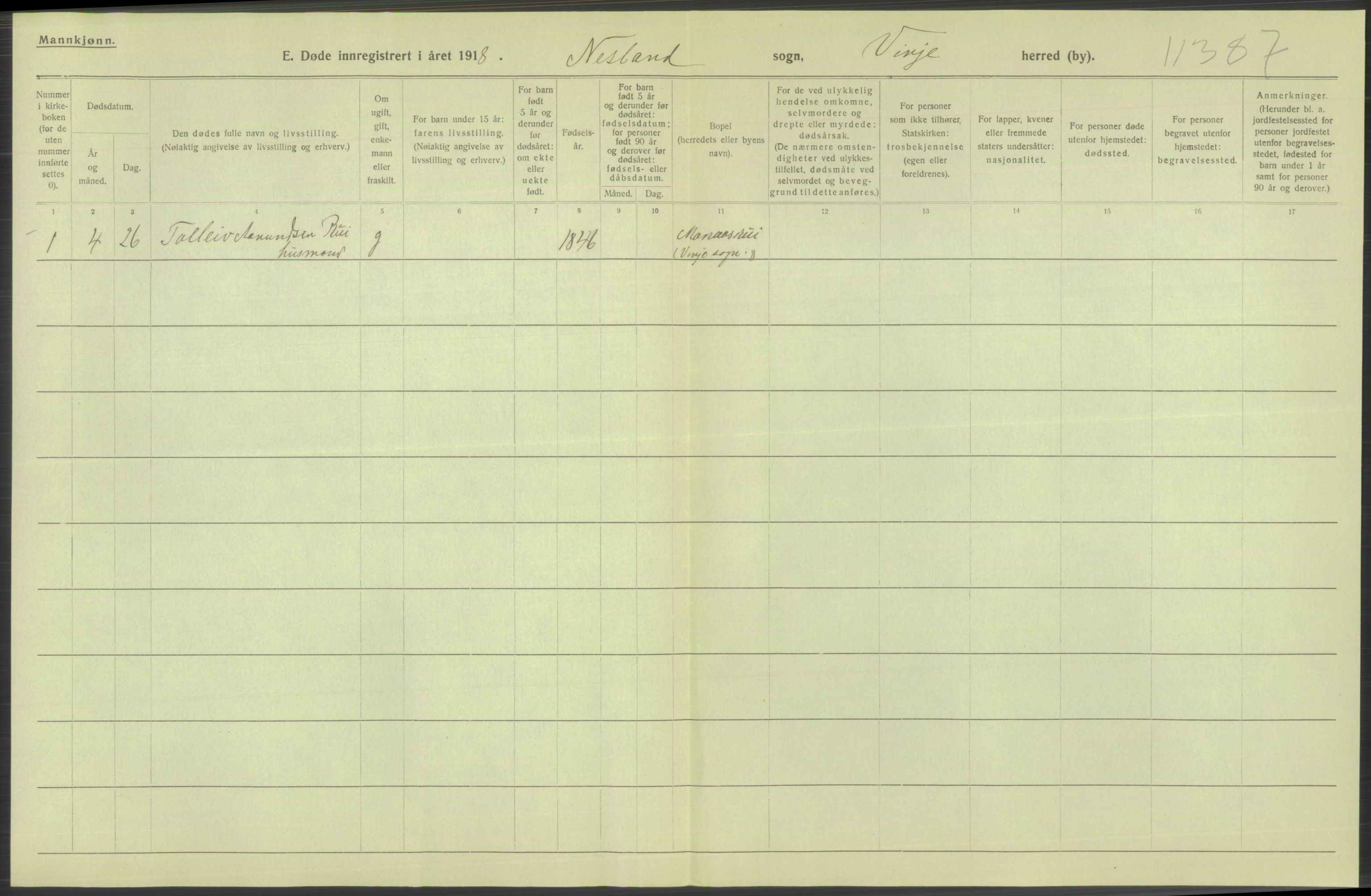 Statistisk sentralbyrå, Sosiodemografiske emner, Befolkning, AV/RA-S-2228/D/Df/Dfb/Dfbh/L0026: Telemark fylke: Døde. Bygder og byer., 1918, p. 536