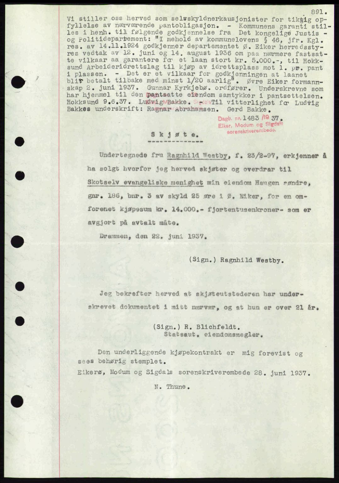 Eiker, Modum og Sigdal sorenskriveri, SAKO/A-123/G/Ga/Gab/L0035: Mortgage book no. A5, 1937-1937, Diary no: : 1483/1937
