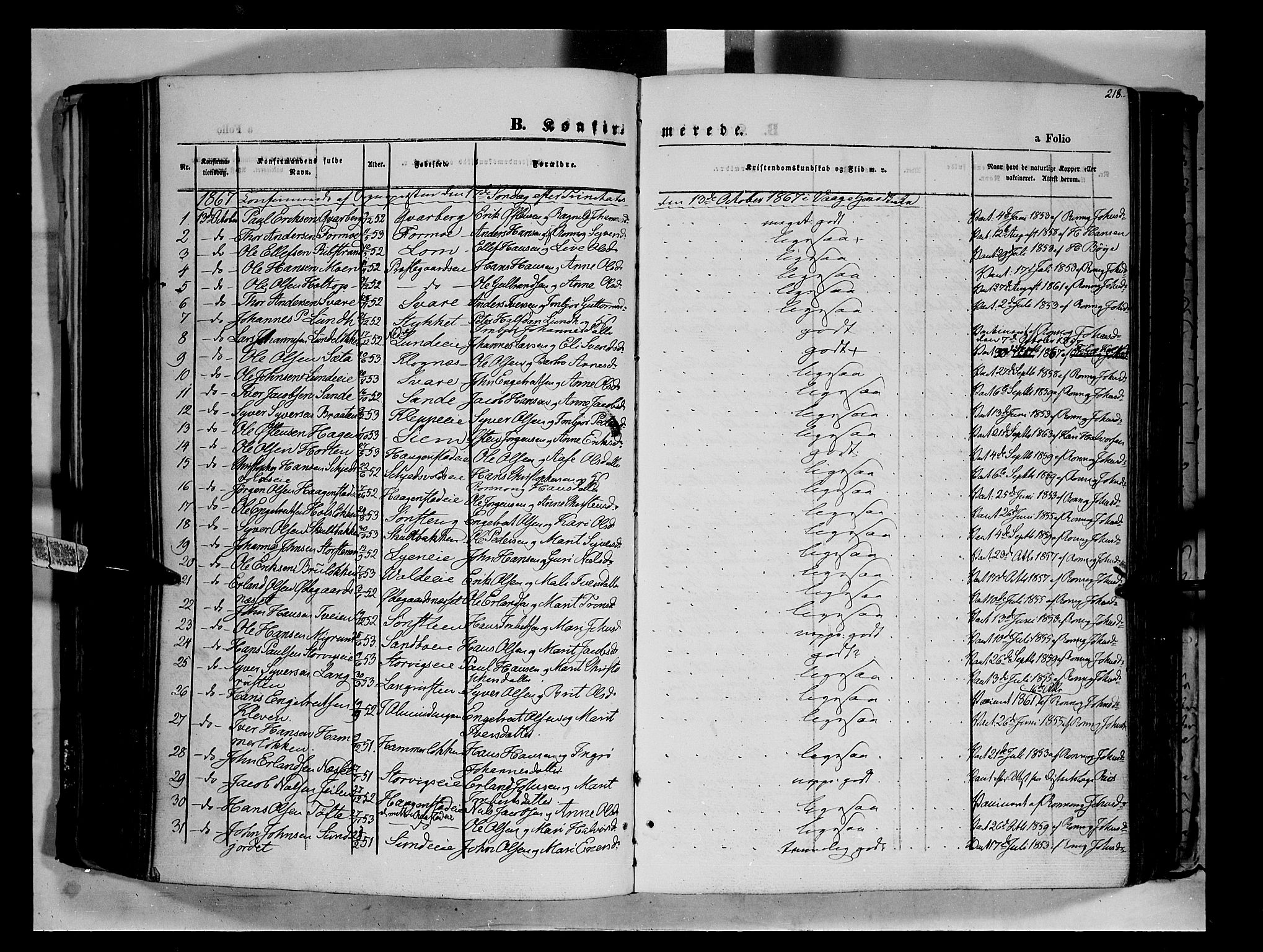 Vågå prestekontor, SAH/PREST-076/H/Ha/Haa/L0006: Parish register (official) no. 6 /1, 1856-1872, p. 218