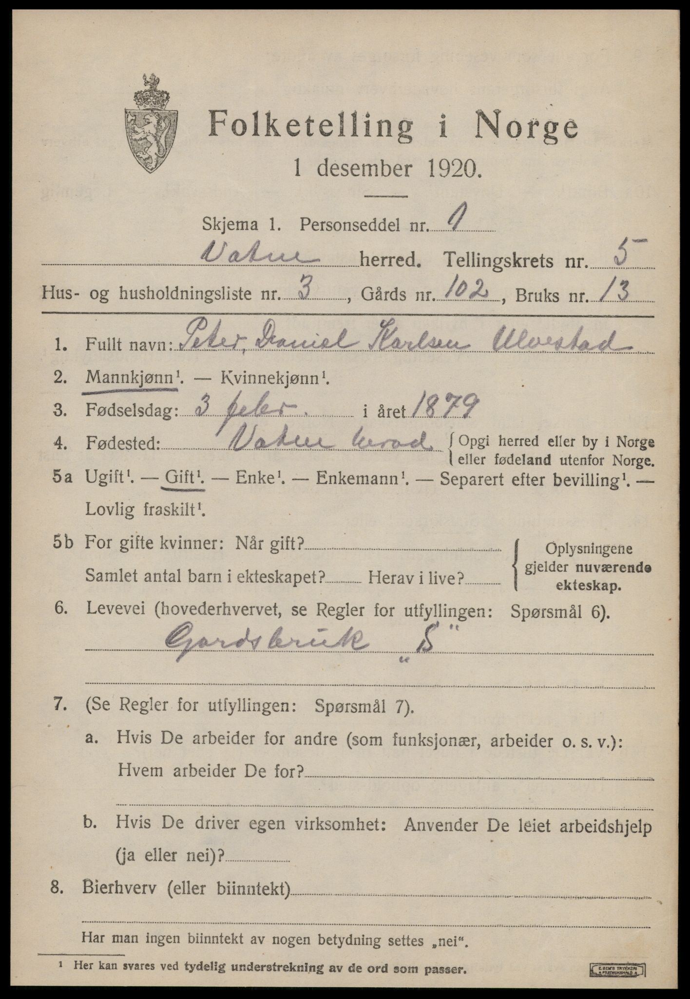 SAT, 1920 census for Vatne, 1920, p. 2166