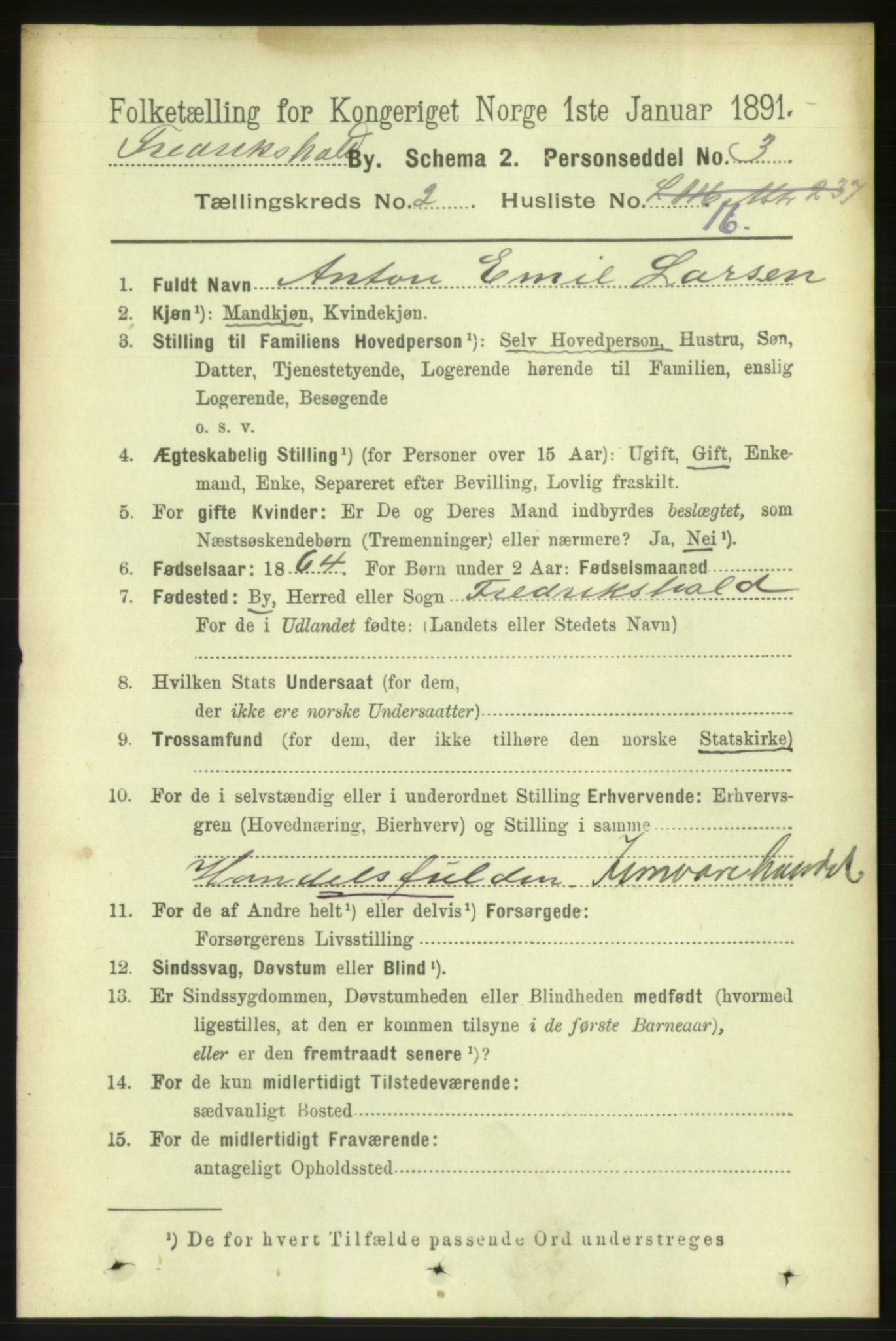 RA, 1891 census for 0101 Fredrikshald, 1891, p. 2822