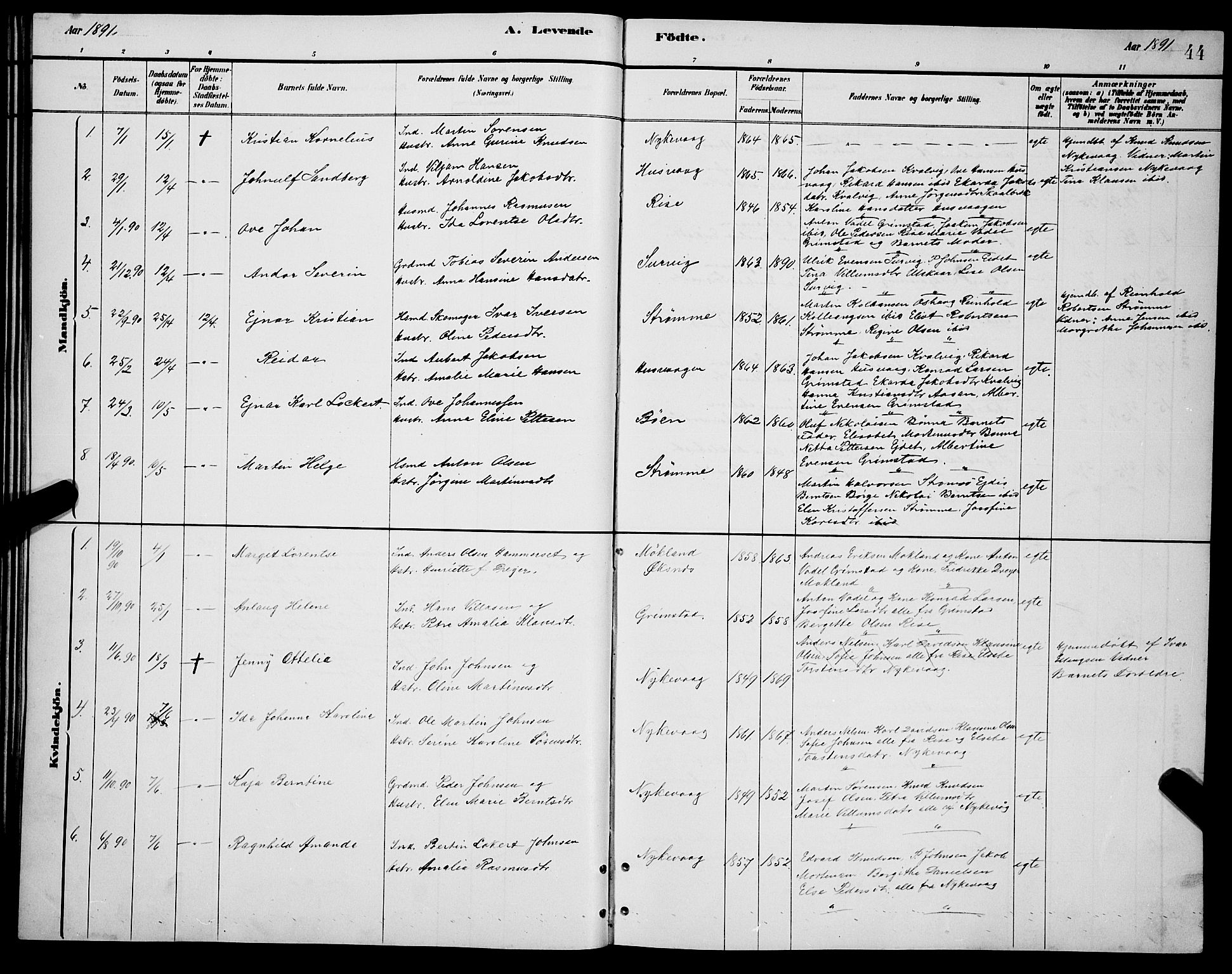 Ministerialprotokoller, klokkerbøker og fødselsregistre - Nordland, SAT/A-1459/892/L1325: Parish register (copy) no. 892C02, 1878-1896, p. 44