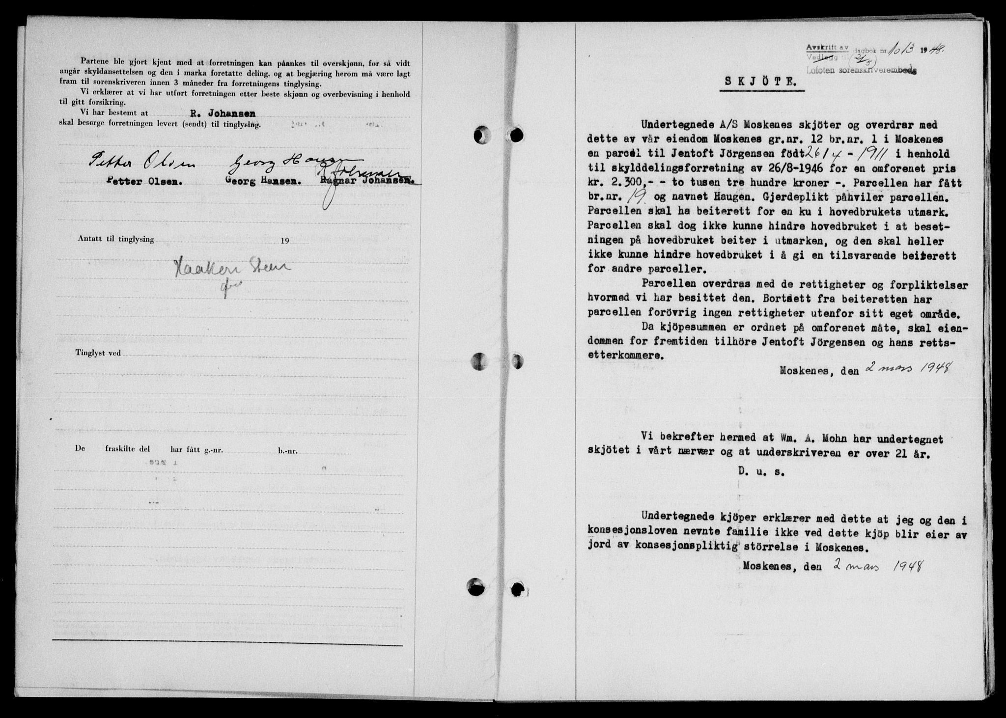 Lofoten sorenskriveri, SAT/A-0017/1/2/2C/L0018a: Mortgage book no. 18a, 1948-1948, Diary no: : 1013/1948