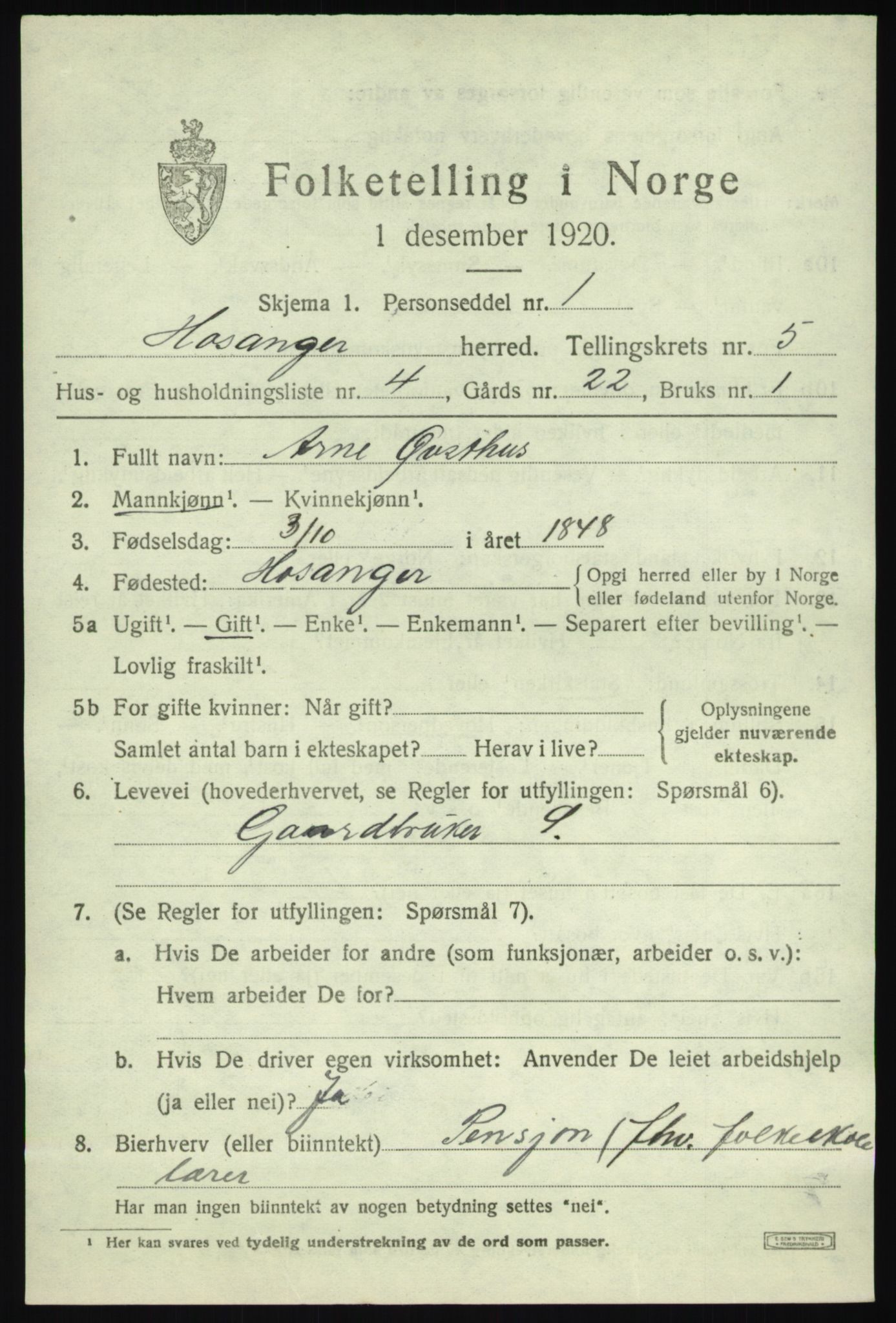 SAB, 1920 census for Hosanger, 1920, p. 2365