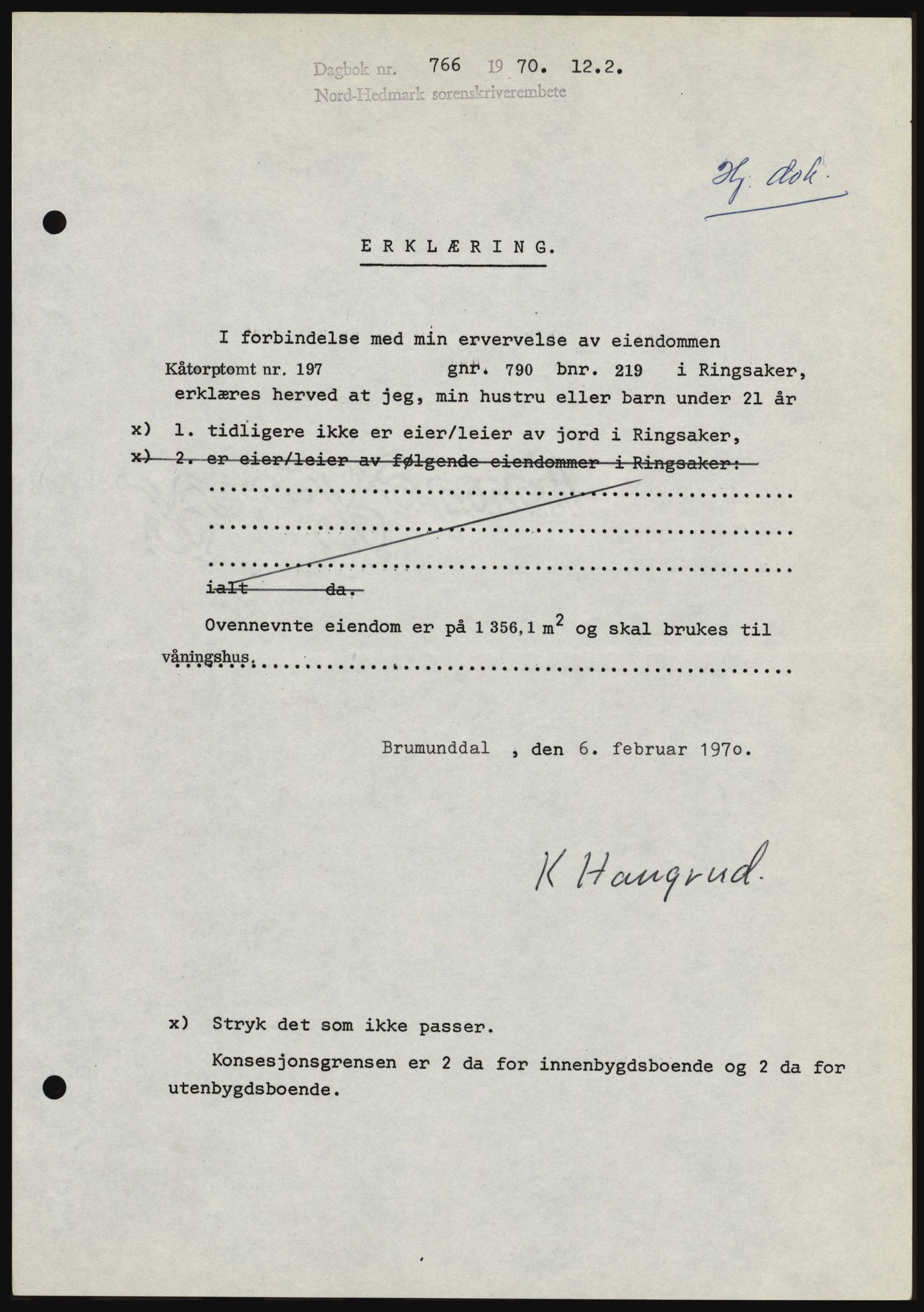 Nord-Hedmark sorenskriveri, SAH/TING-012/H/Hc/L0033: Mortgage book no. 33, 1970-1970, Diary no: : 766/1970