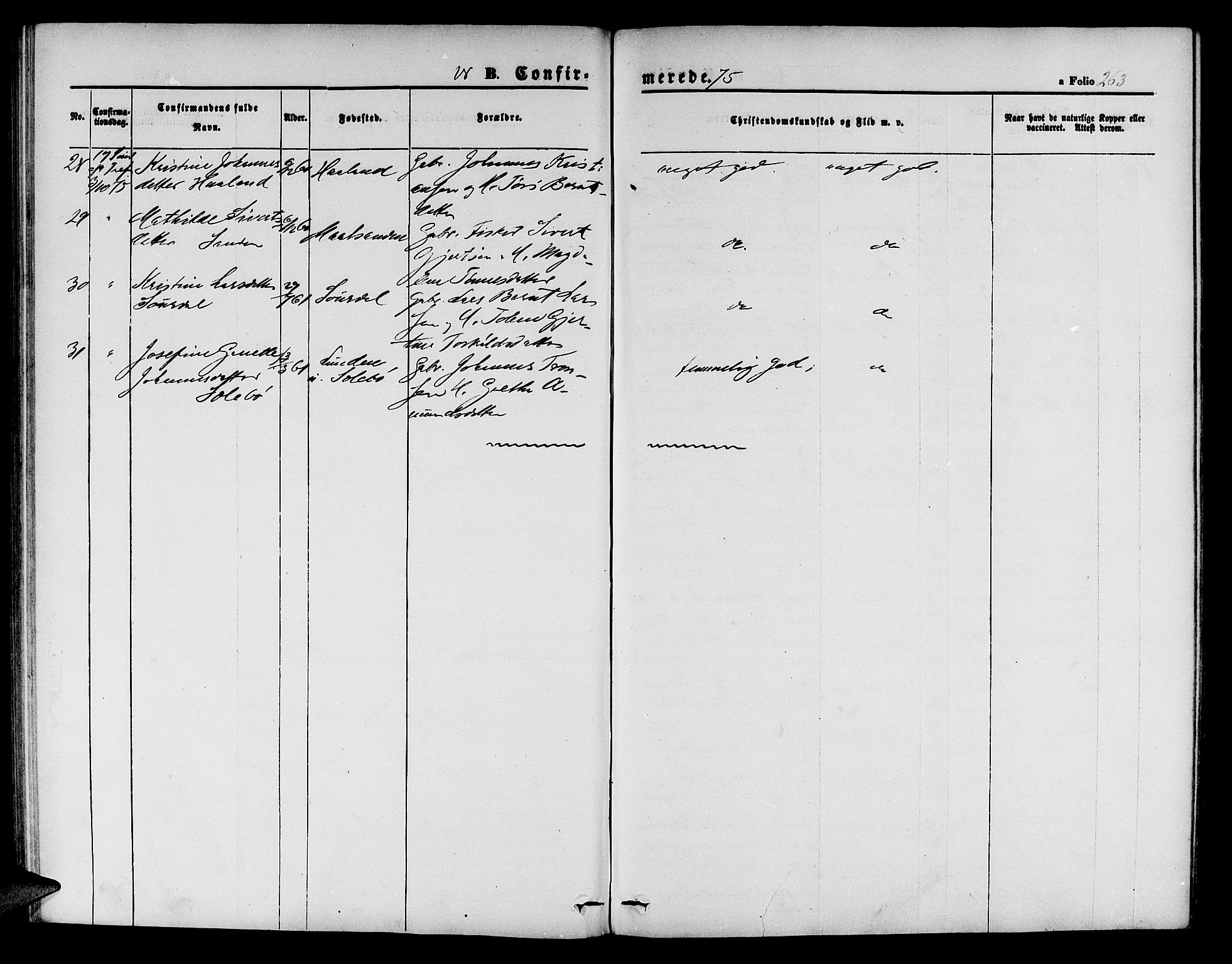 Sokndal sokneprestkontor, AV/SAST-A-101808: Parish register (copy) no. B 3, 1865-1879, p. 263