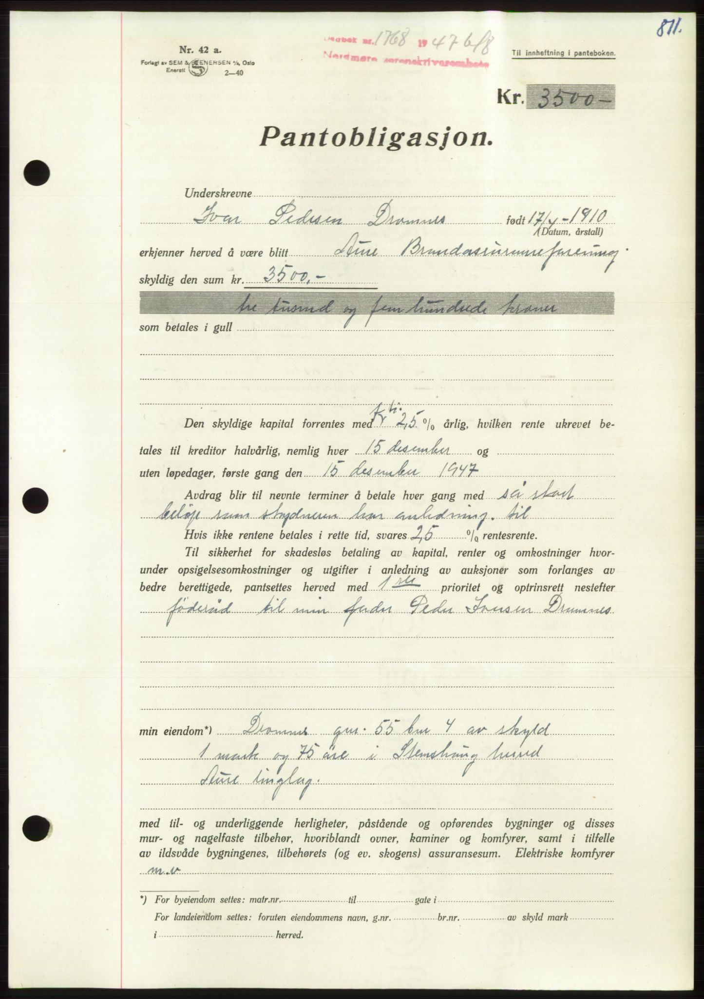 Nordmøre sorenskriveri, AV/SAT-A-4132/1/2/2Ca: Mortgage book no. B96, 1947-1947, Diary no: : 1768/1947