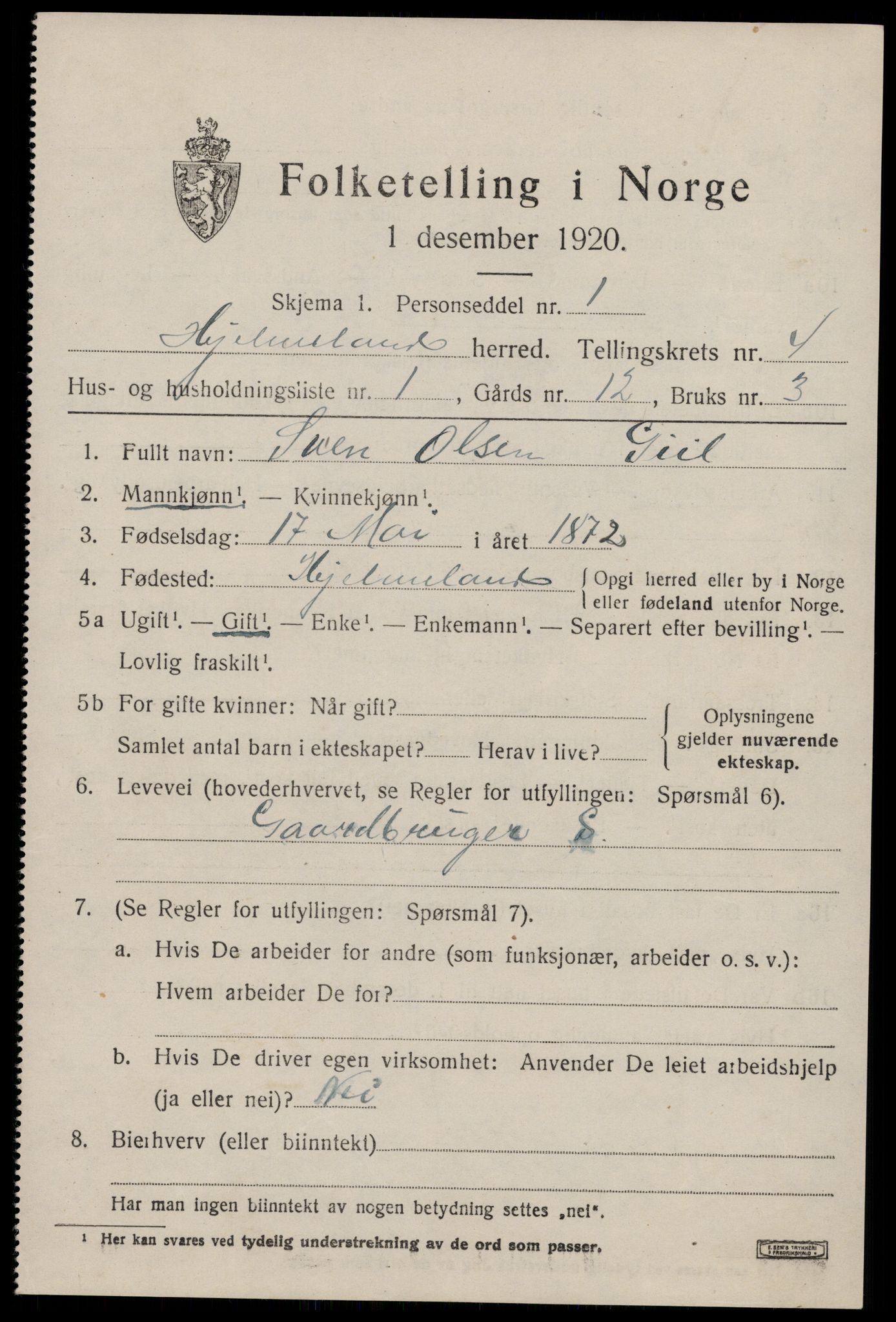 SAST, 1920 census for Hjelmeland, 1920, p. 1509