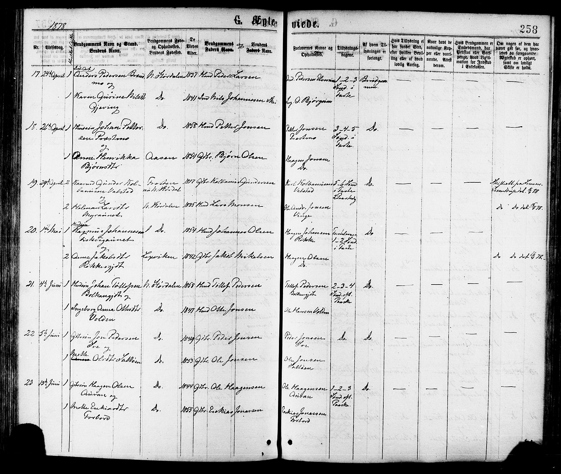 Ministerialprotokoller, klokkerbøker og fødselsregistre - Nord-Trøndelag, SAT/A-1458/709/L0076: Parish register (official) no. 709A16, 1871-1879, p. 258
