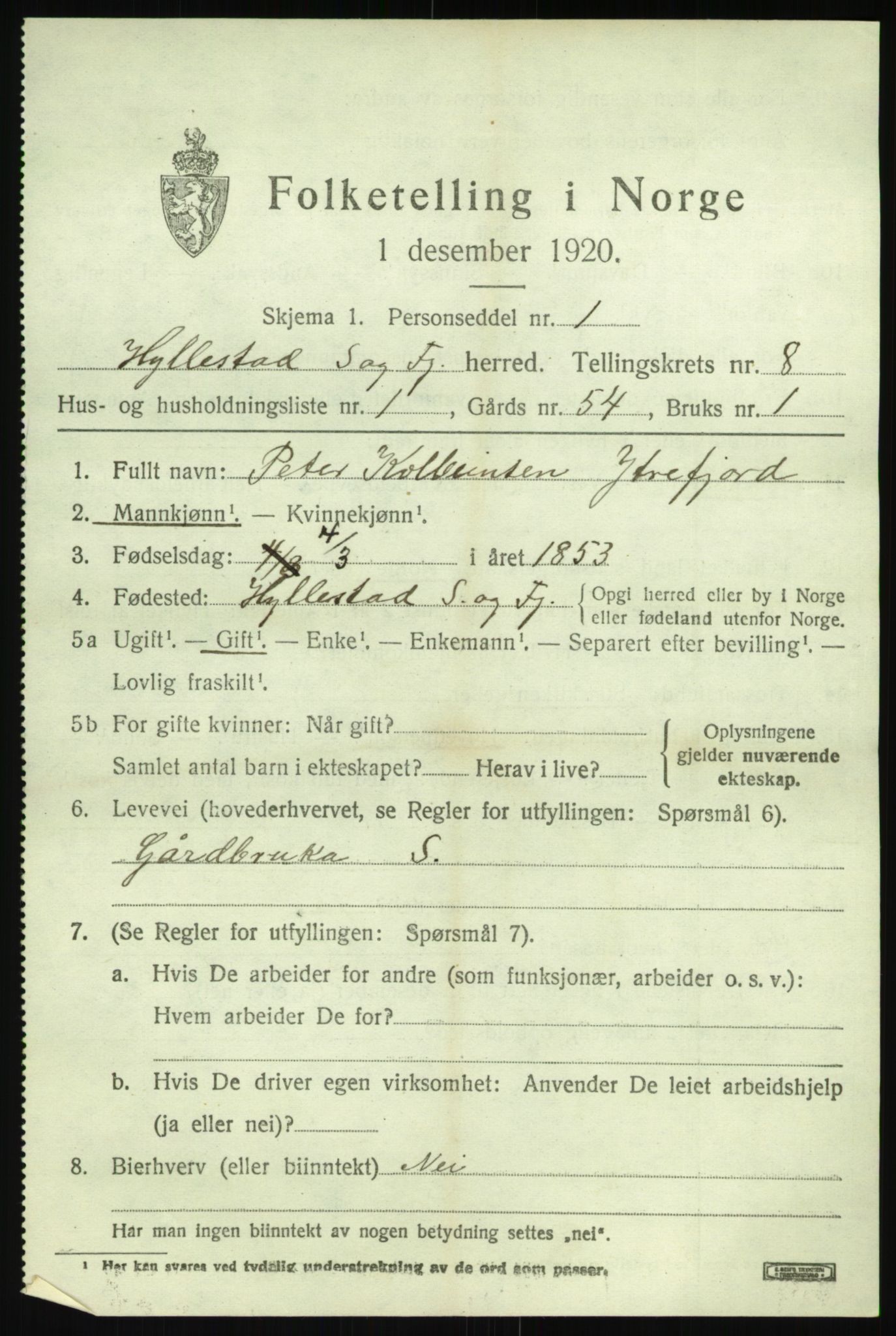 SAB, 1920 census for Hyllestad, 1920, p. 3228