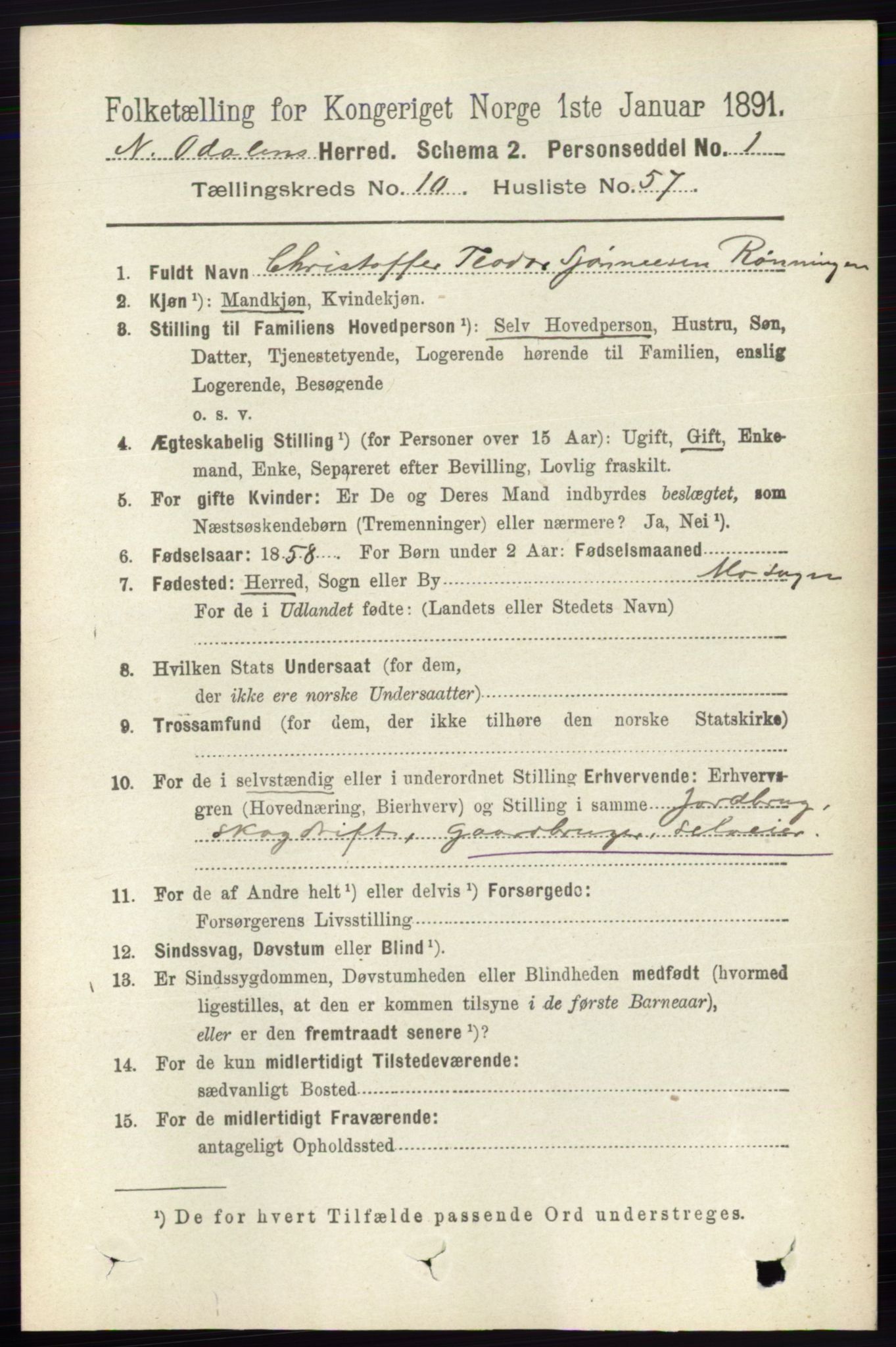 RA, 1891 census for 0418 Nord-Odal, 1891, p. 4861