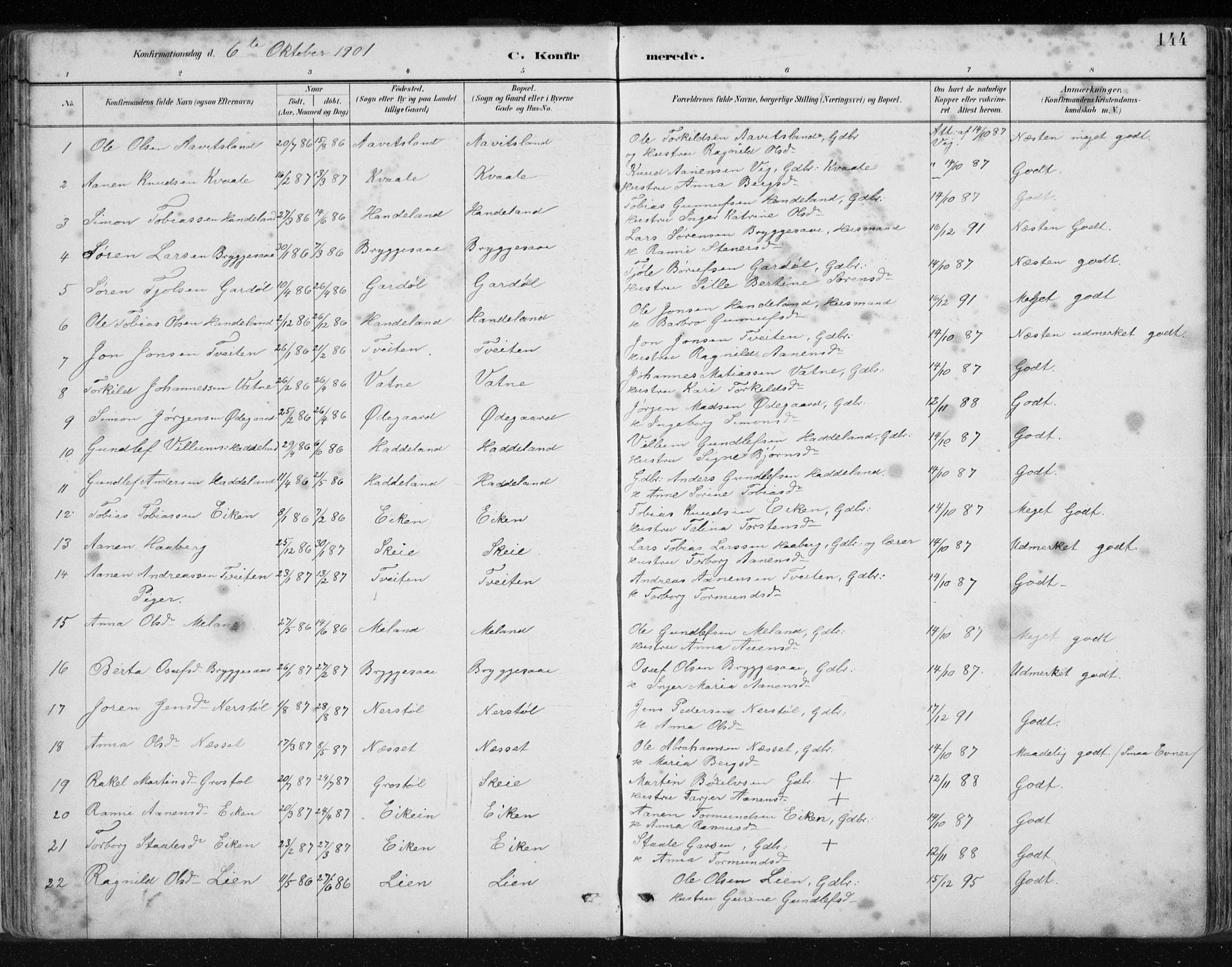 Hægebostad sokneprestkontor, AV/SAK-1111-0024/F/Fb/Fbb/L0003: Parish register (copy) no. B 3, 1887-1937, p. 144