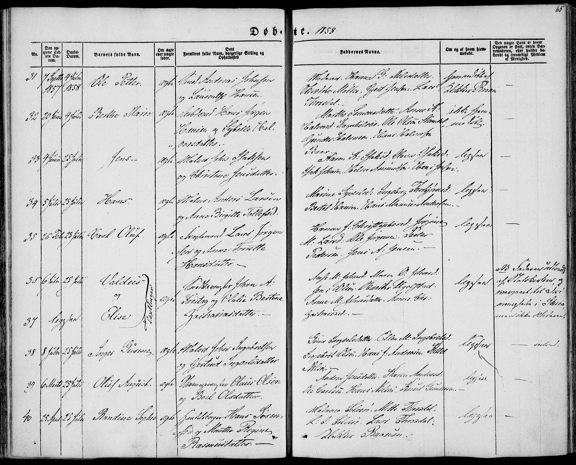 Brevik kirkebøker, SAKO/A-255/F/Fa/L0005: Parish register (official) no. 5, 1847-1865, p. 65