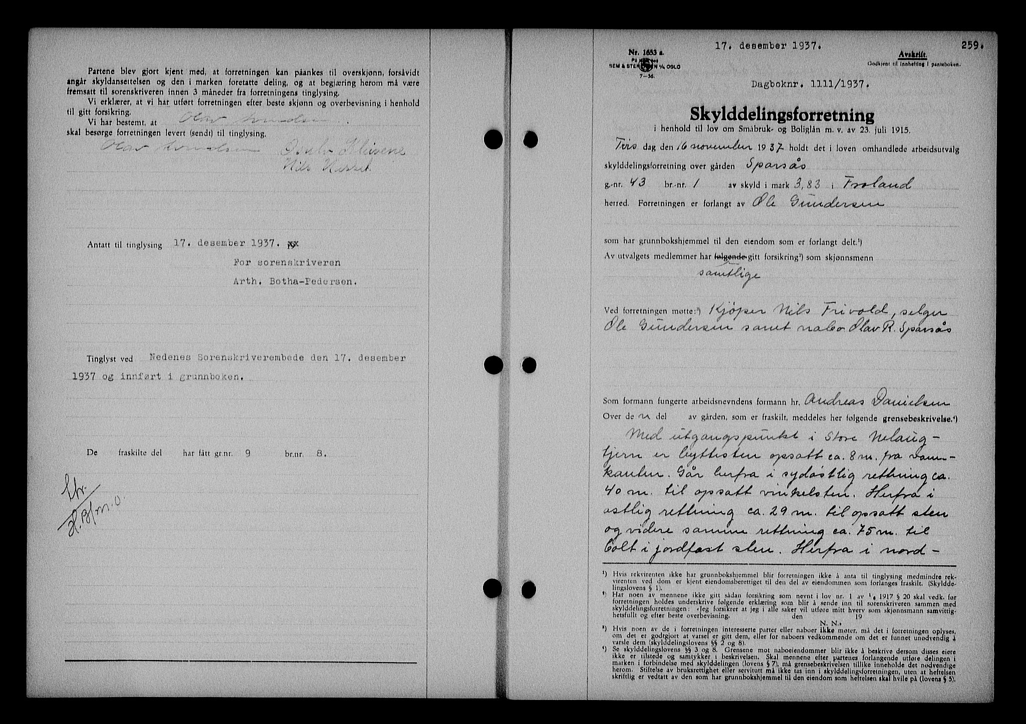 Nedenes sorenskriveri, SAK/1221-0006/G/Gb/Gba/L0044: Mortgage book no. 40, 1937-1938, Diary no: : 1111/1937