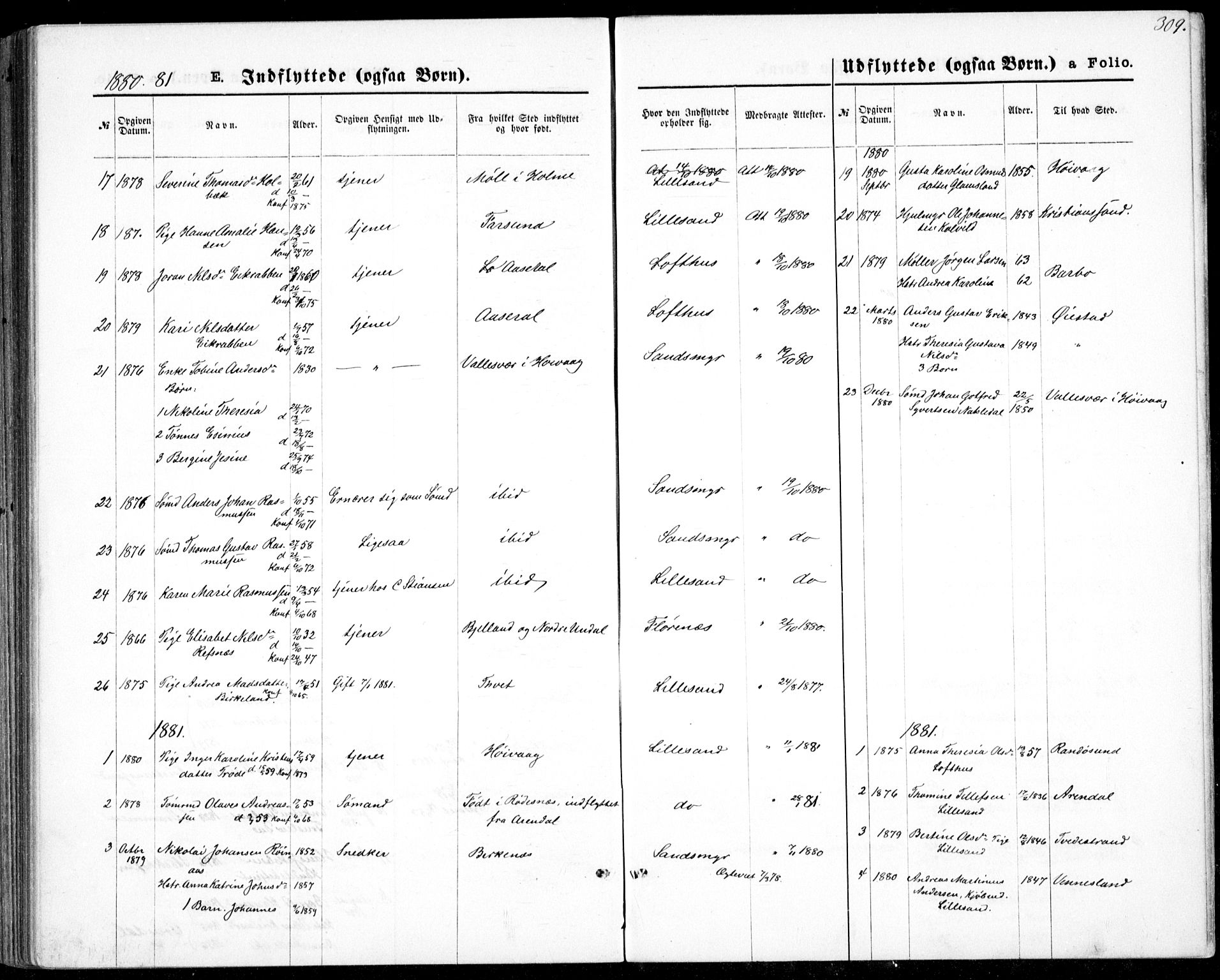 Vestre Moland sokneprestkontor, SAK/1111-0046/F/Fb/Fbb/L0005: Parish register (copy) no. B 5, 1872-1883, p. 309