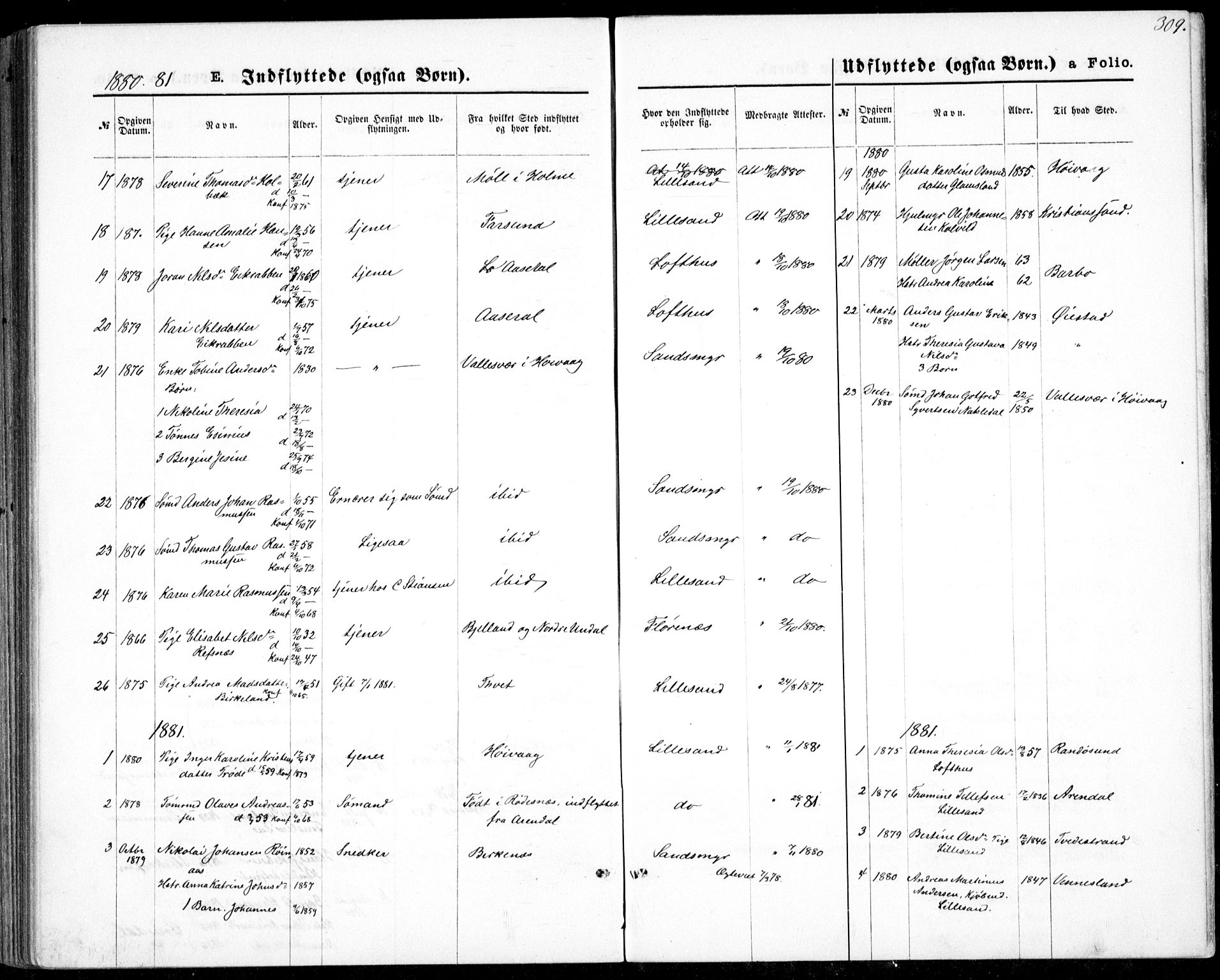 Vestre Moland sokneprestkontor, AV/SAK-1111-0046/F/Fb/Fbb/L0005: Parish register (copy) no. B 5, 1872-1883, p. 309