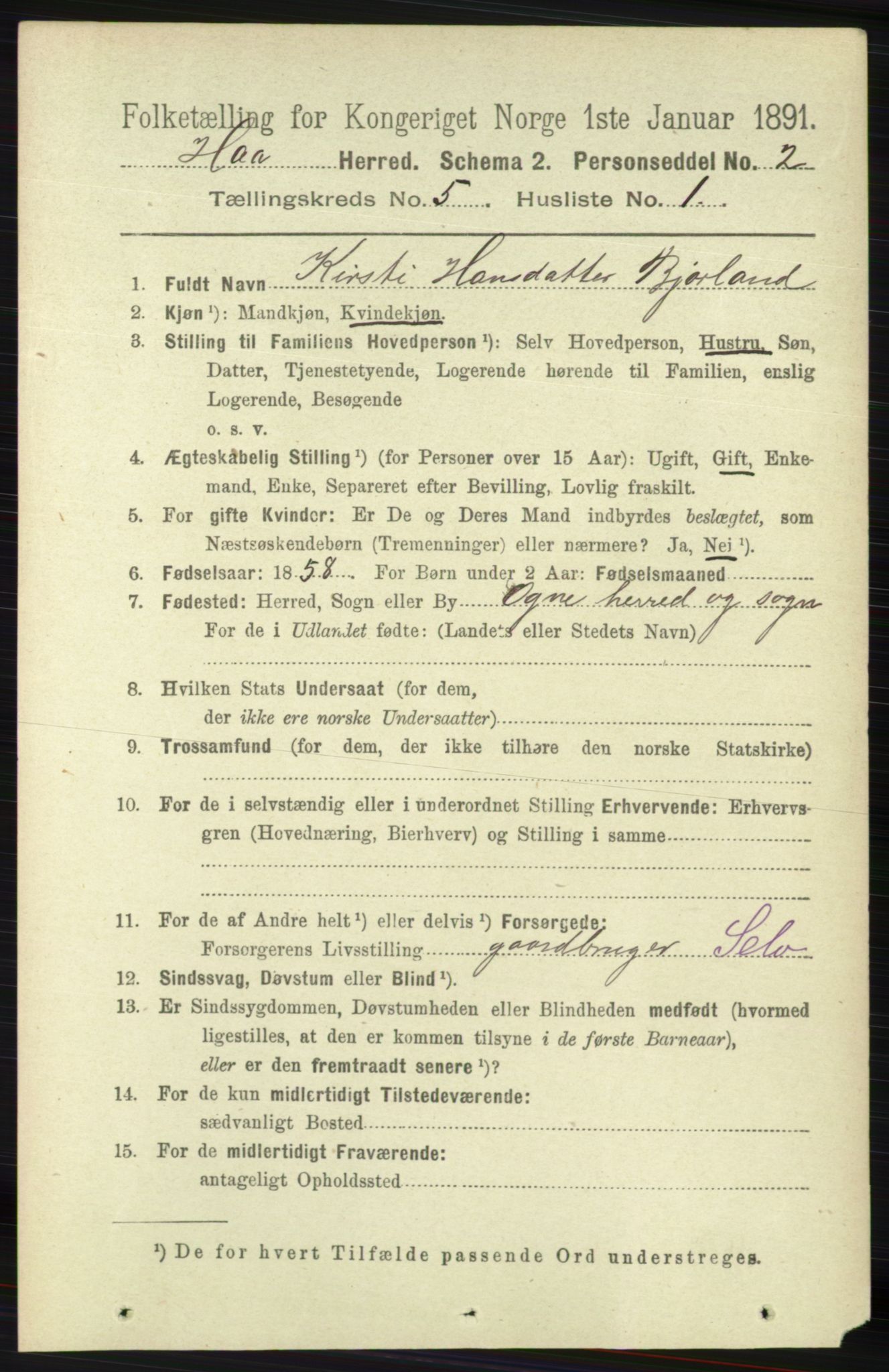 RA, 1891 census for 1119 Hå, 1891, p. 1344