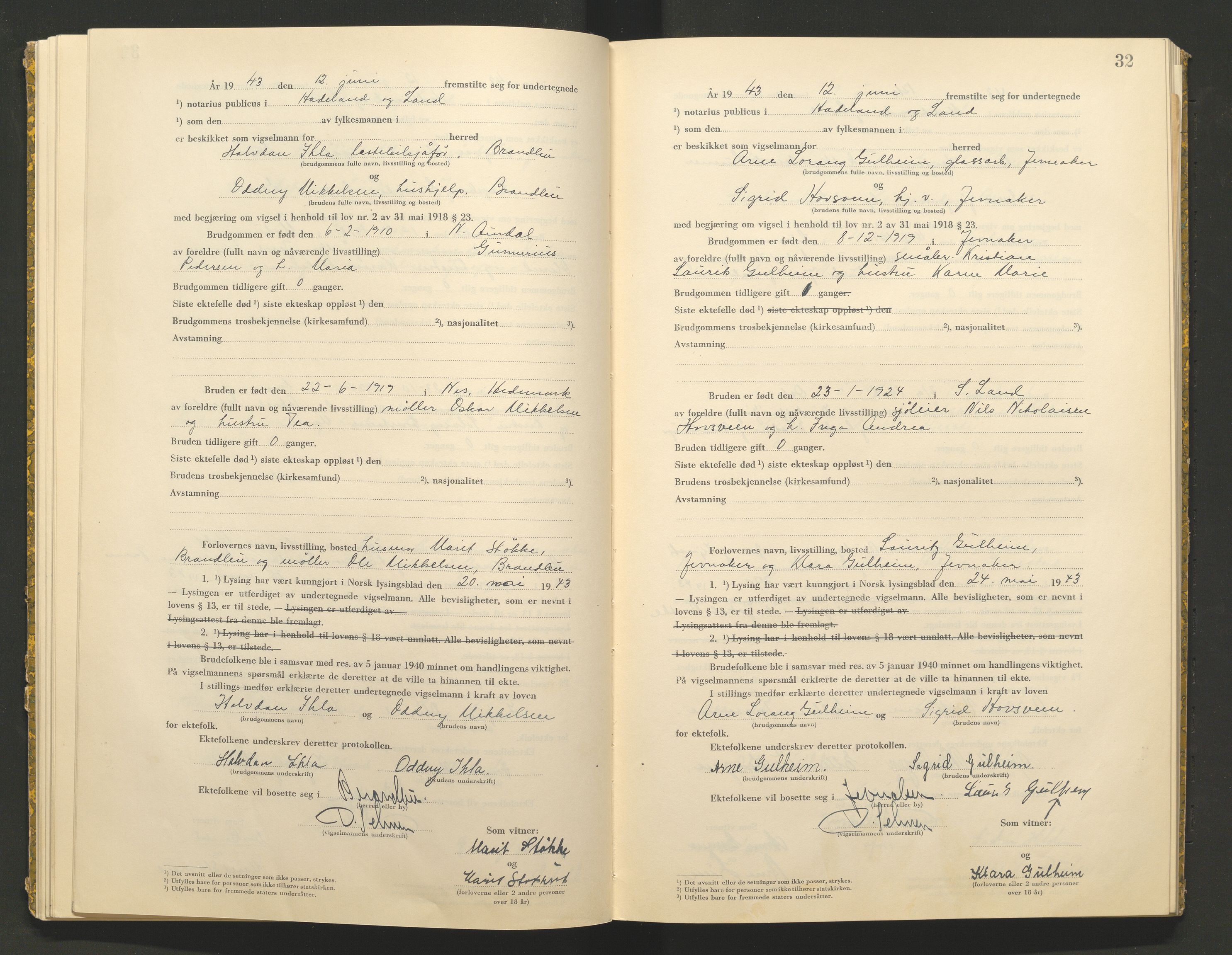 Hadeland og Land tingrett, AV/SAH-TING-010/L/Lb/L0002: Vigselbok, 1943-1944, p. 32