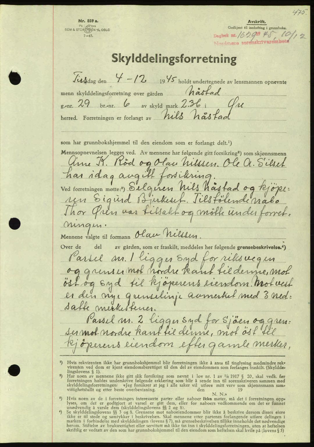 Nordmøre sorenskriveri, AV/SAT-A-4132/1/2/2Ca: Mortgage book no. A100a, 1945-1945, Diary no: : 1629/1945