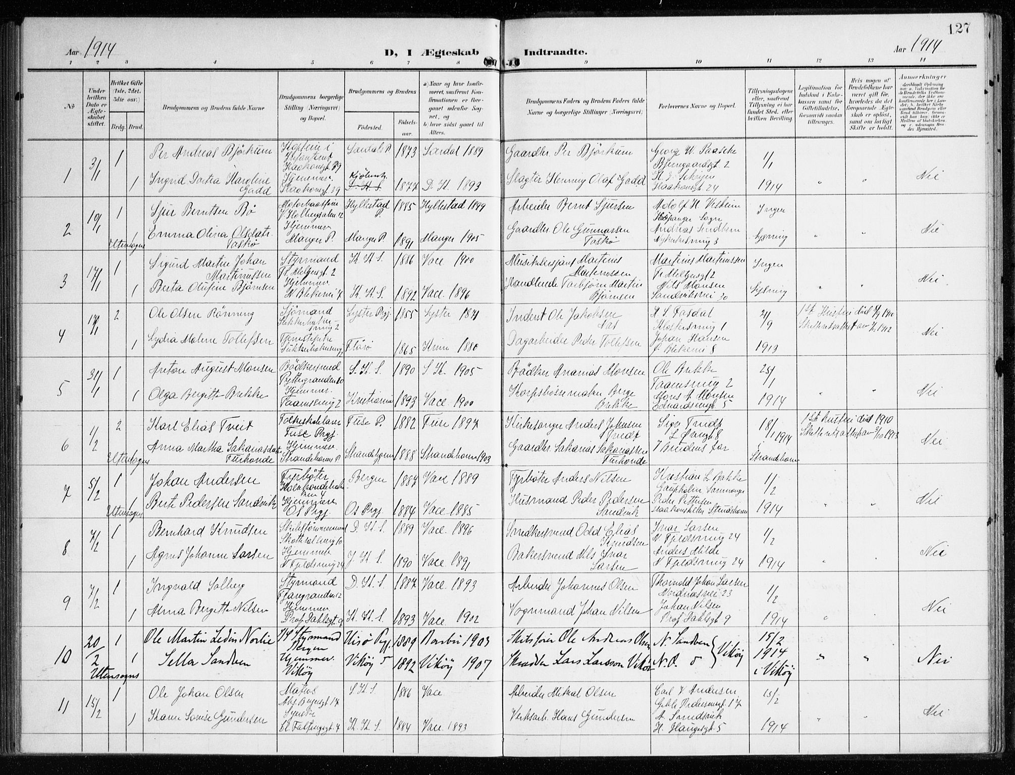 Korskirken sokneprestembete, SAB/A-76101/H/Haa/L0038: Parish register (official) no. D 5, 1904-1919, p. 127