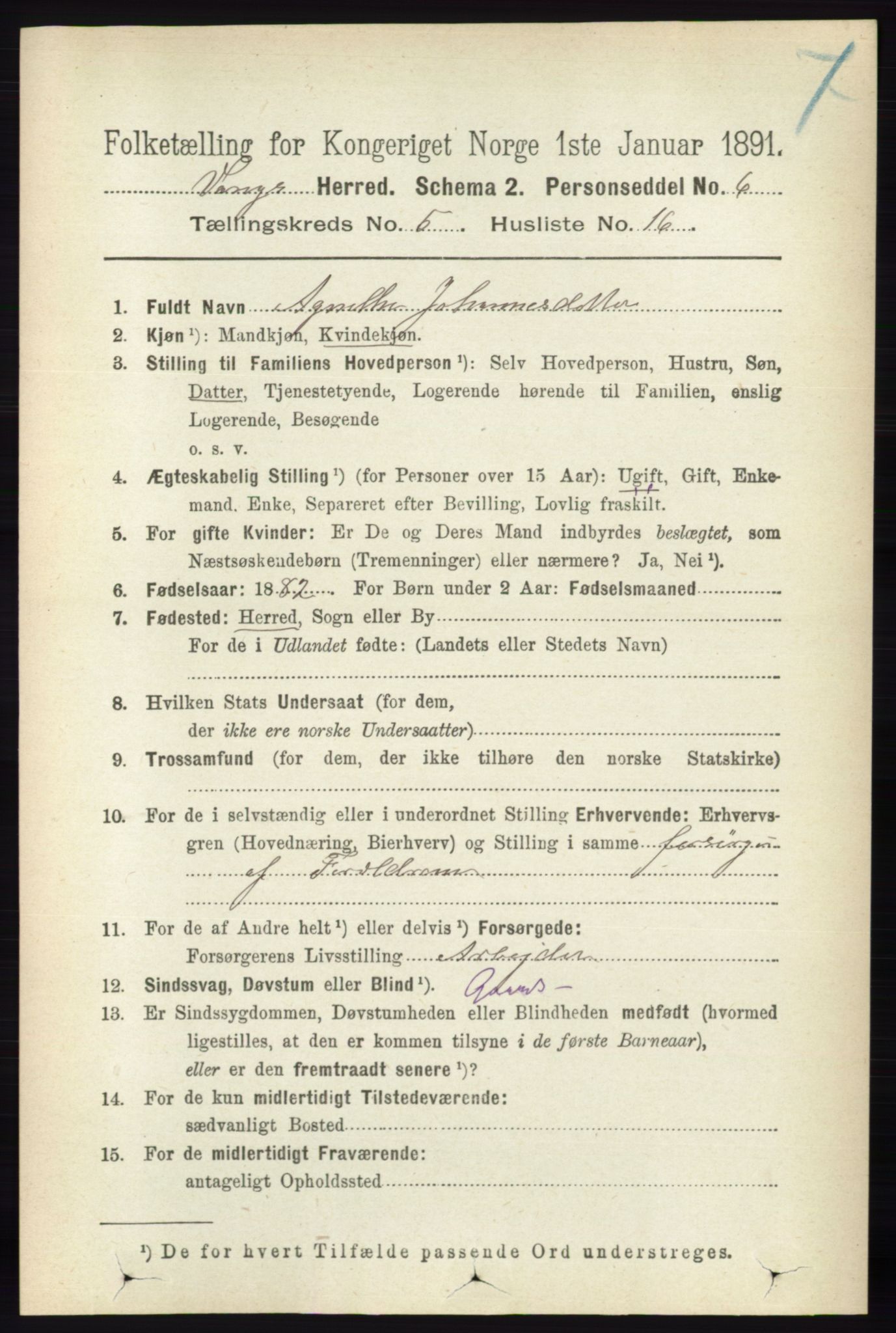 RA, 1891 census for 0414 Vang, 1891, p. 3591