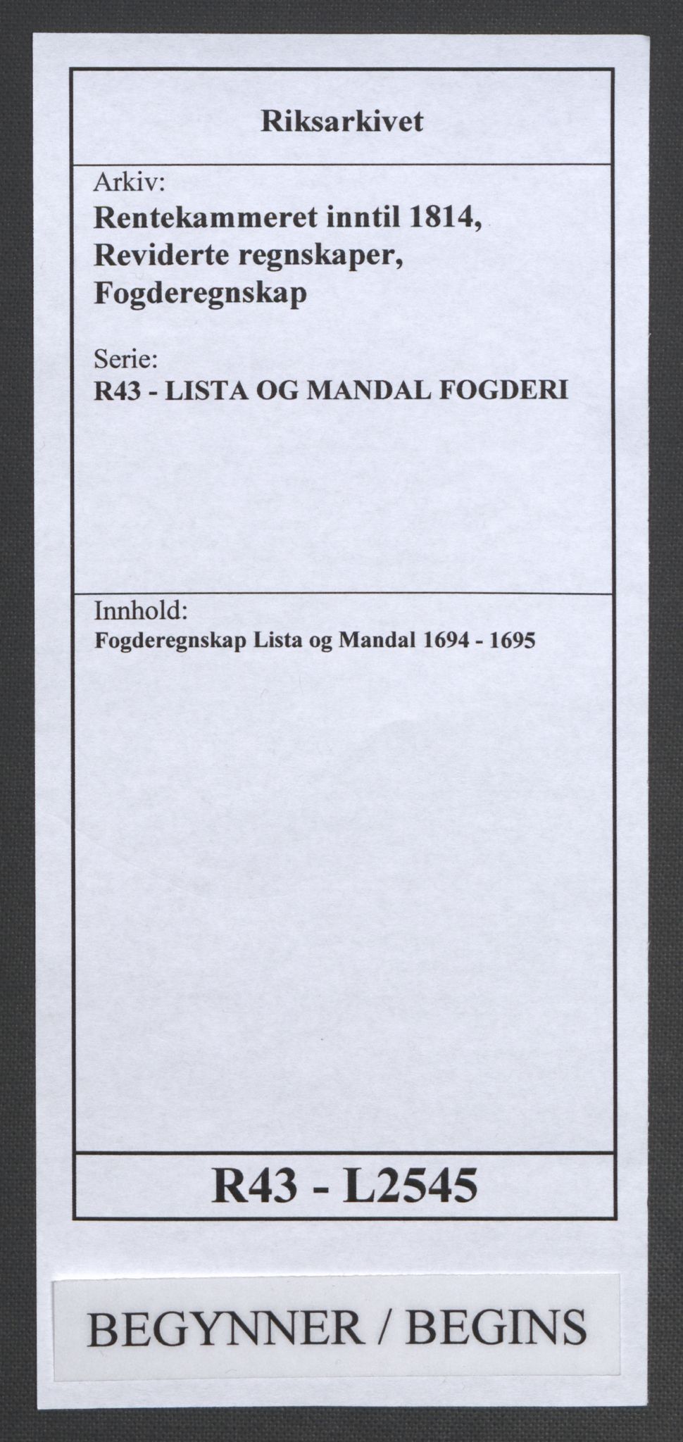 Rentekammeret inntil 1814, Reviderte regnskaper, Fogderegnskap, RA/EA-4092/R43/L2545: Fogderegnskap Lista og Mandal, 1694-1695, p. 1