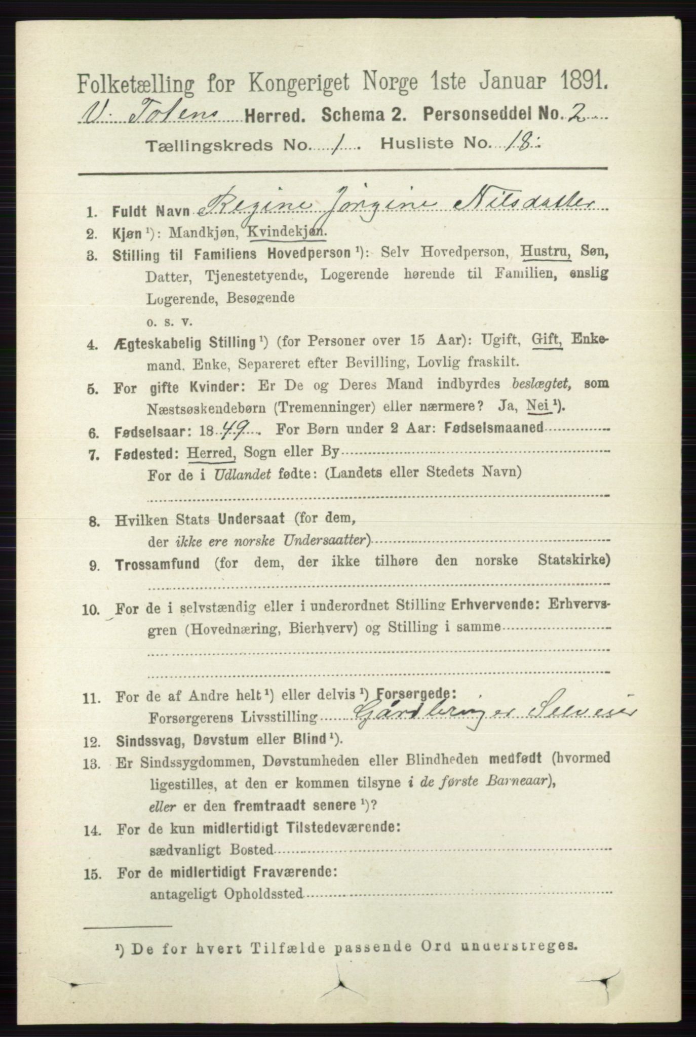 RA, 1891 census for 0529 Vestre Toten, 1891, p. 301