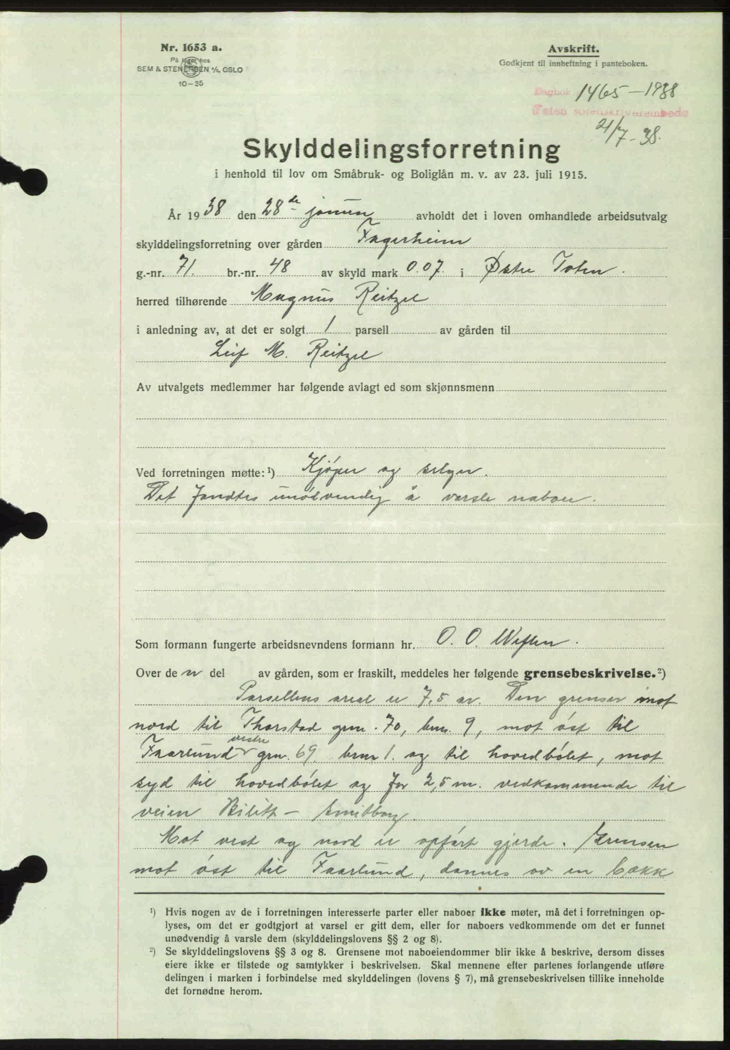 Toten tingrett, SAH/TING-006/H/Hb/Hbc/L0004: Mortgage book no. Hbc-04, 1938-1938, Diary no: : 1465/1938