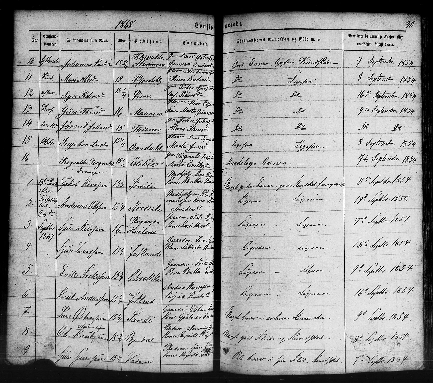 Lavik sokneprestembete, AV/SAB-A-80901: Parish register (copy) no. B 1, 1854-1881, p. 30