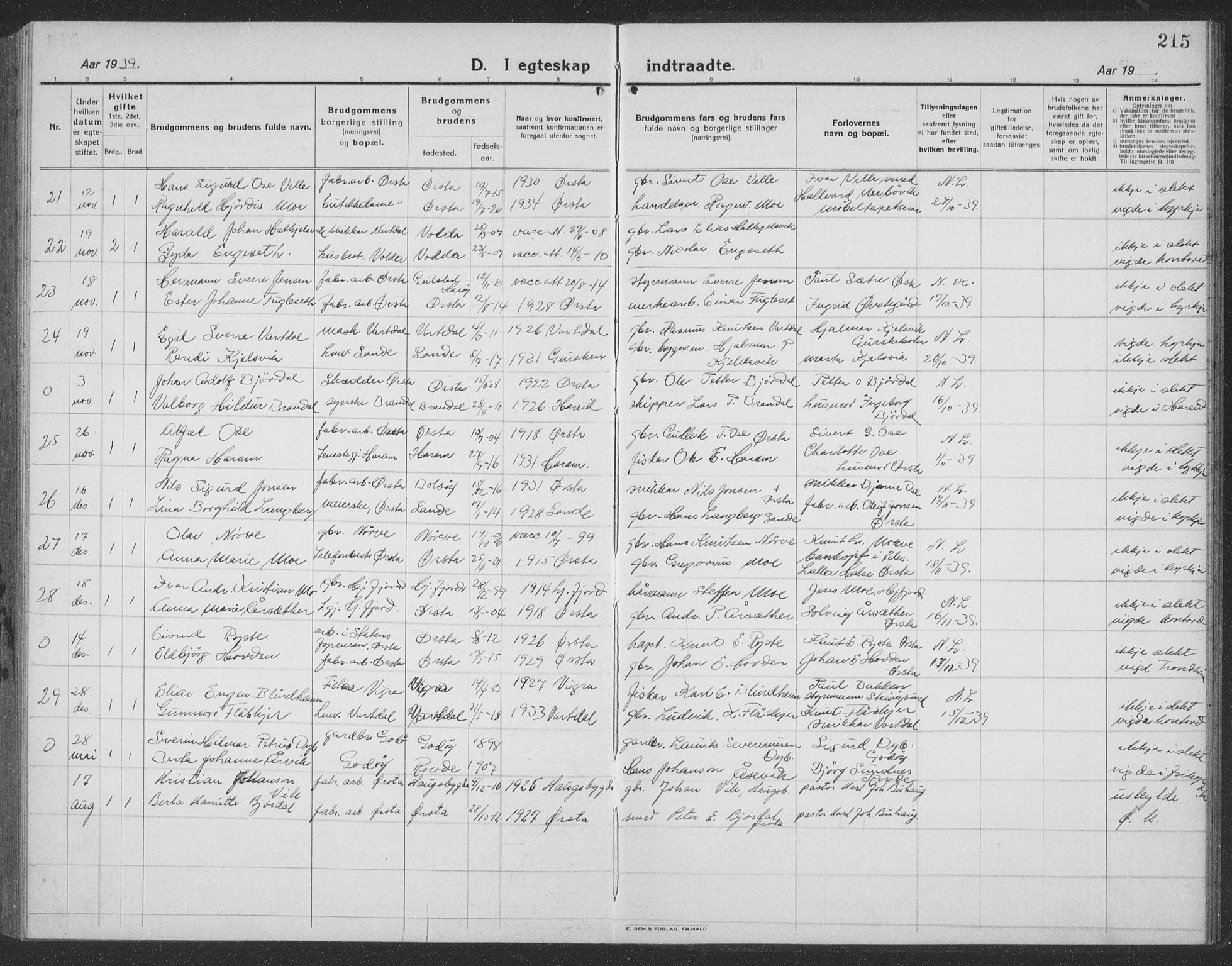 Ministerialprotokoller, klokkerbøker og fødselsregistre - Møre og Romsdal, AV/SAT-A-1454/513/L0191: Parish register (copy) no. 513C05, 1920-1941, p. 215