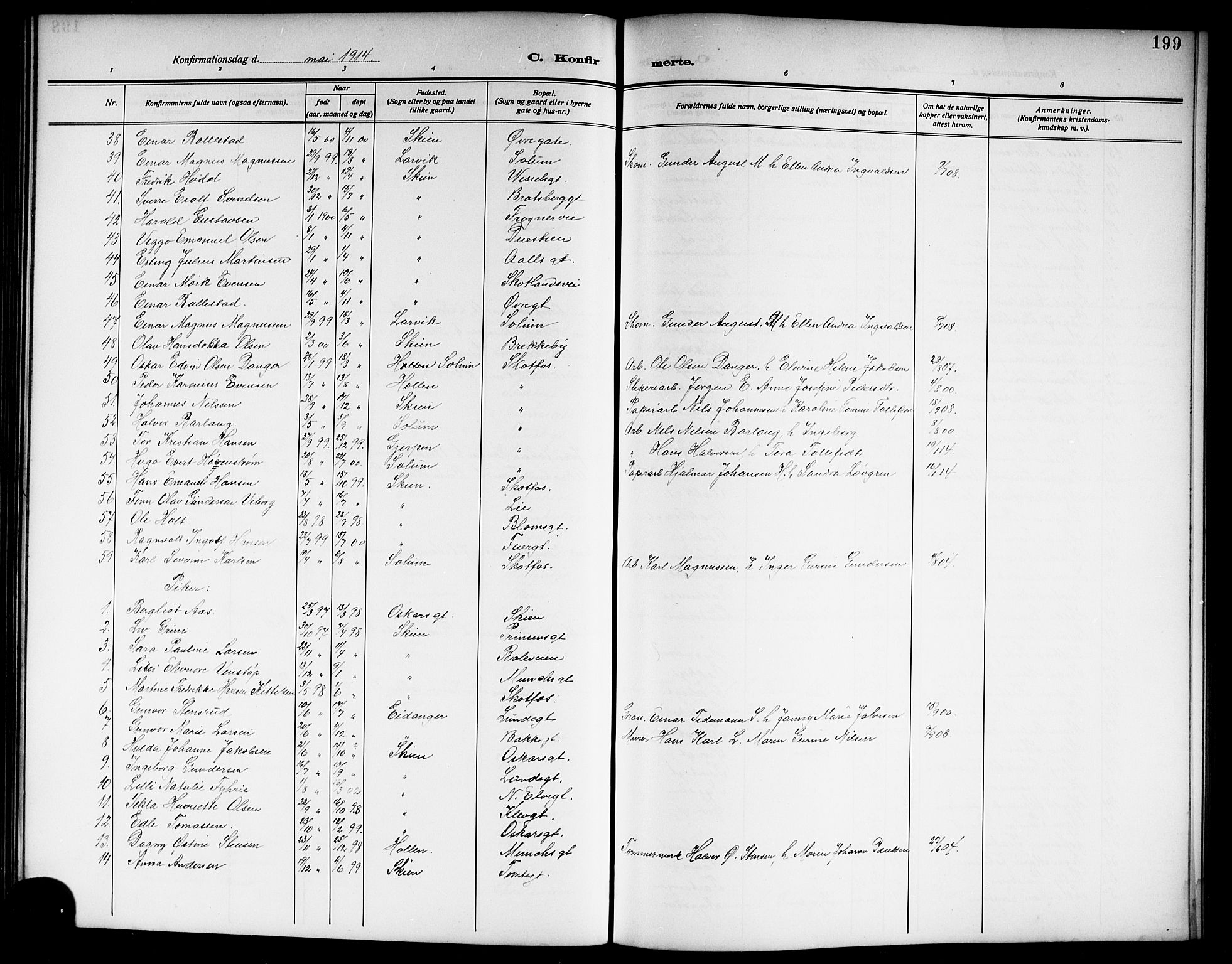 Skien kirkebøker, SAKO/A-302/G/Ga/L0009: Parish register (copy) no. 9, 1910-1920, p. 199