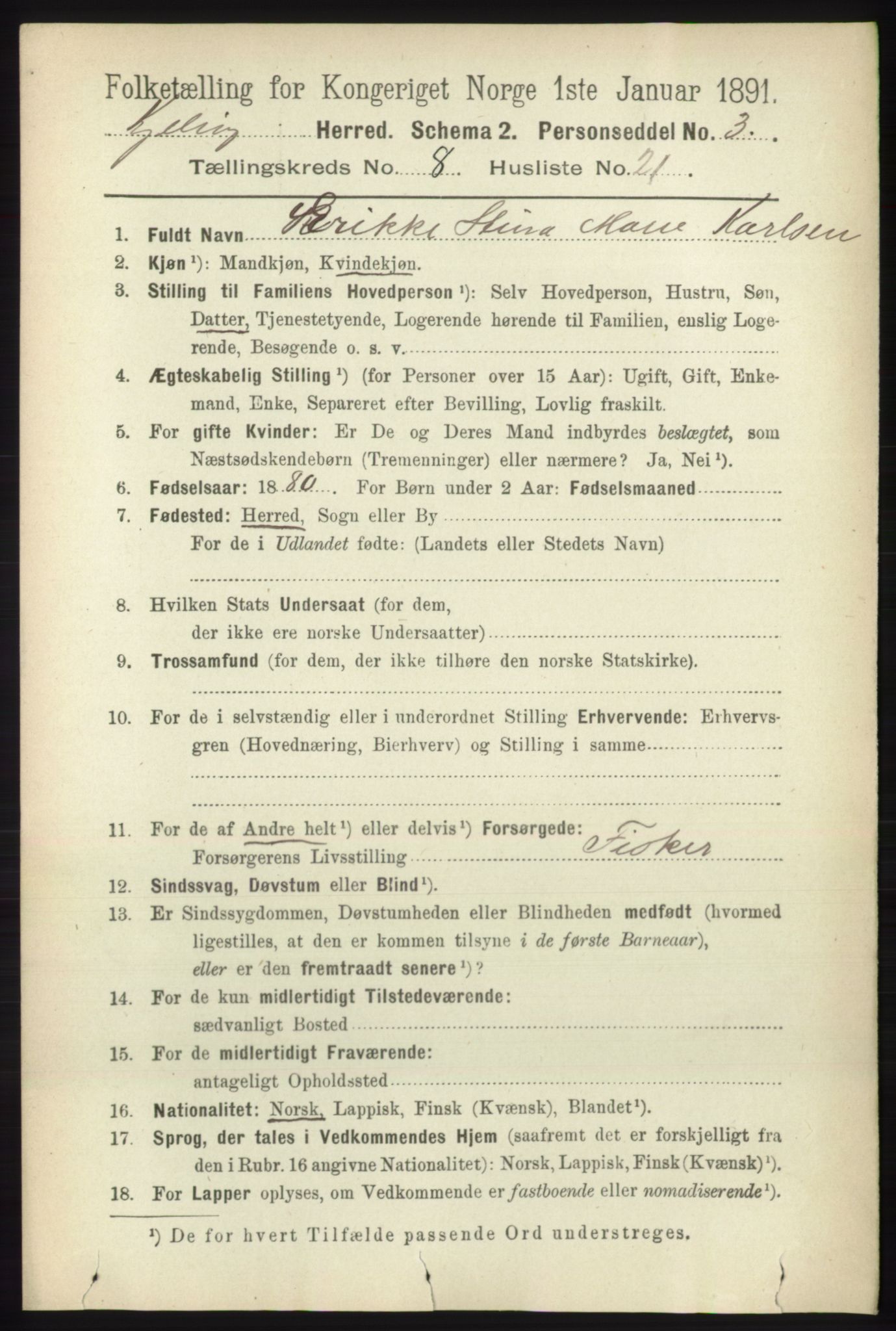 RA, 1891 census for 2019 Kjelvik, 1891, p. 1385