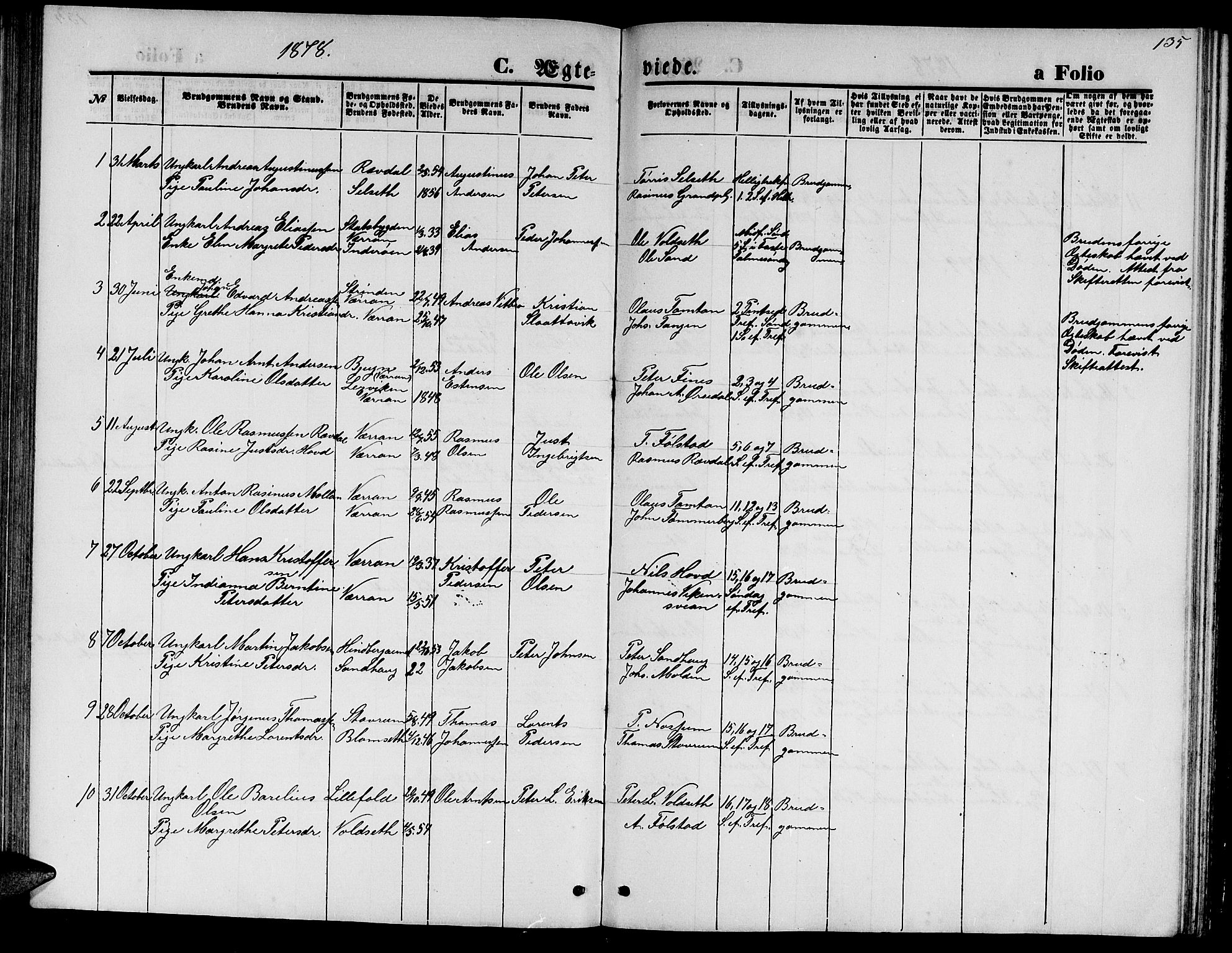 Ministerialprotokoller, klokkerbøker og fødselsregistre - Nord-Trøndelag, SAT/A-1458/744/L0422: Parish register (copy) no. 744C01, 1871-1885, p. 135