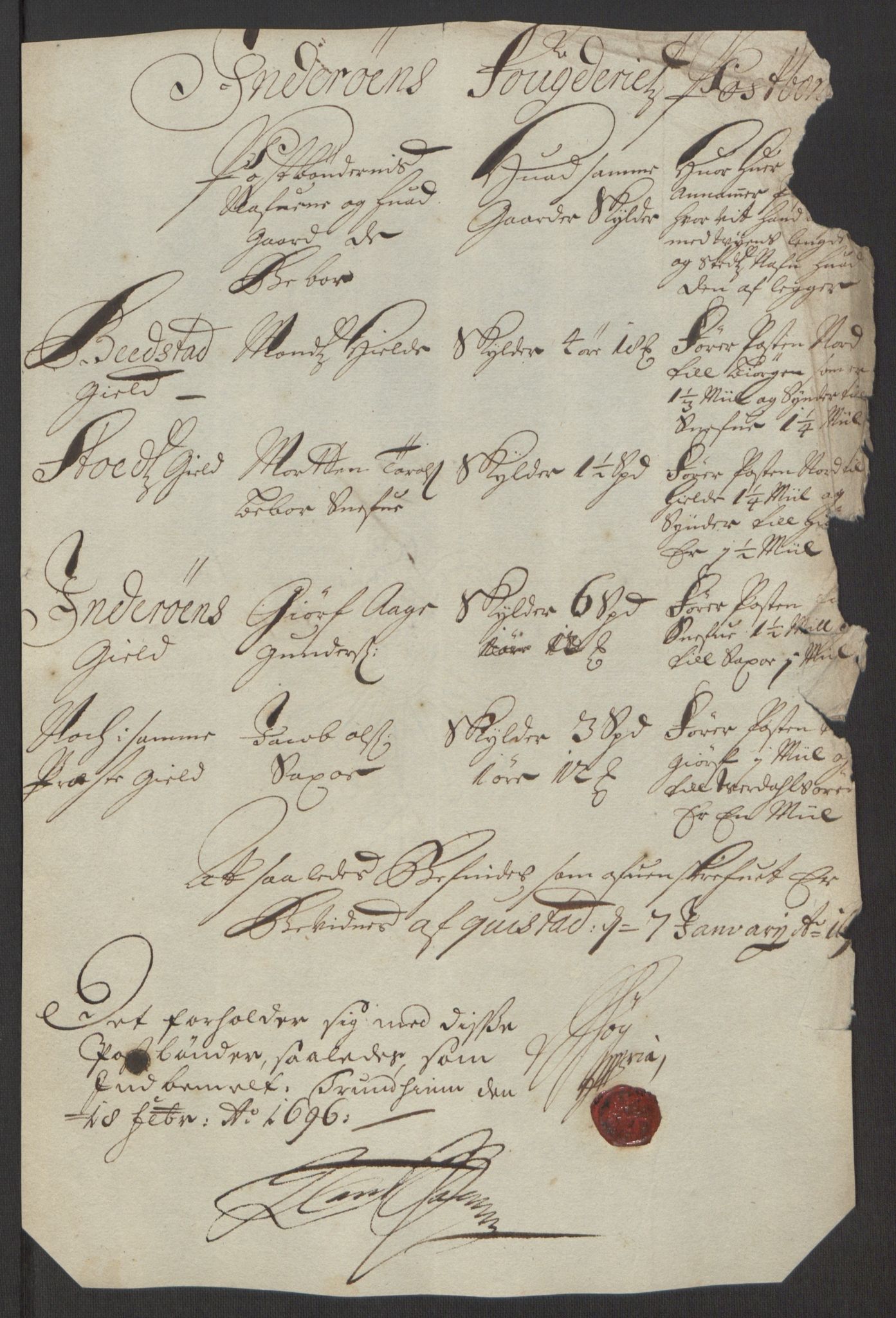Rentekammeret inntil 1814, Reviderte regnskaper, Fogderegnskap, RA/EA-4092/R63/L4309: Fogderegnskap Inderøy, 1695-1697, p. 96
