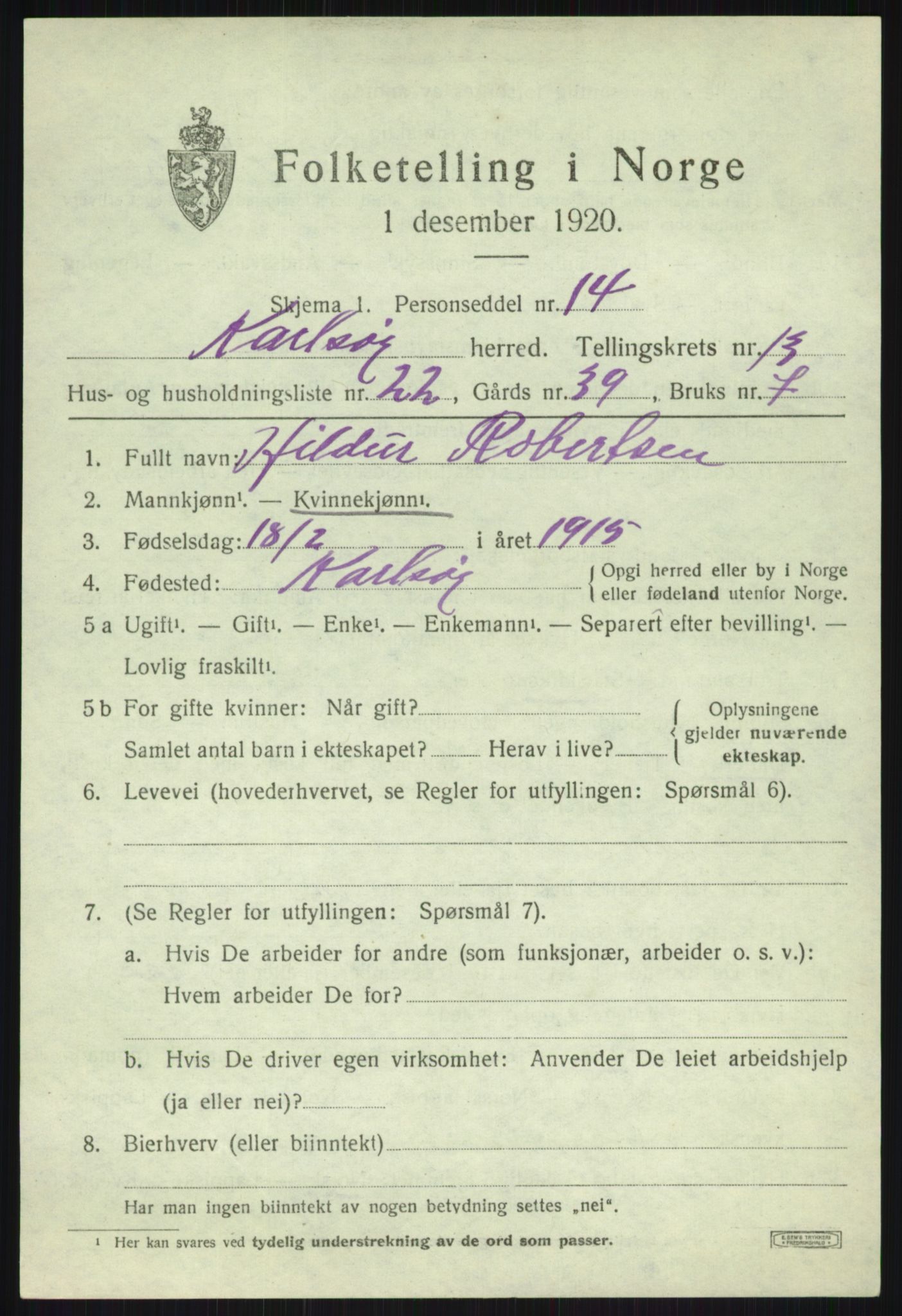 SATØ, 1920 census for Karlsøy, 1920, p. 4910