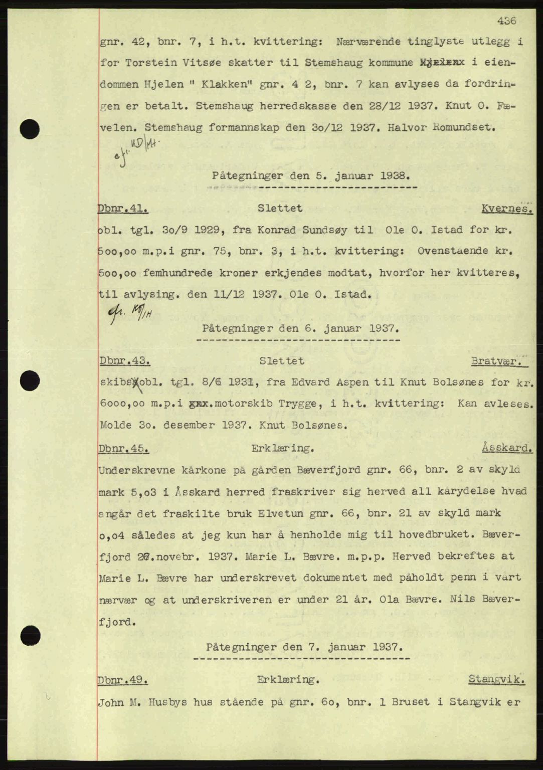 Nordmøre sorenskriveri, AV/SAT-A-4132/1/2/2Ca: Mortgage book no. C80, 1936-1939, Diary no: : 41/1938