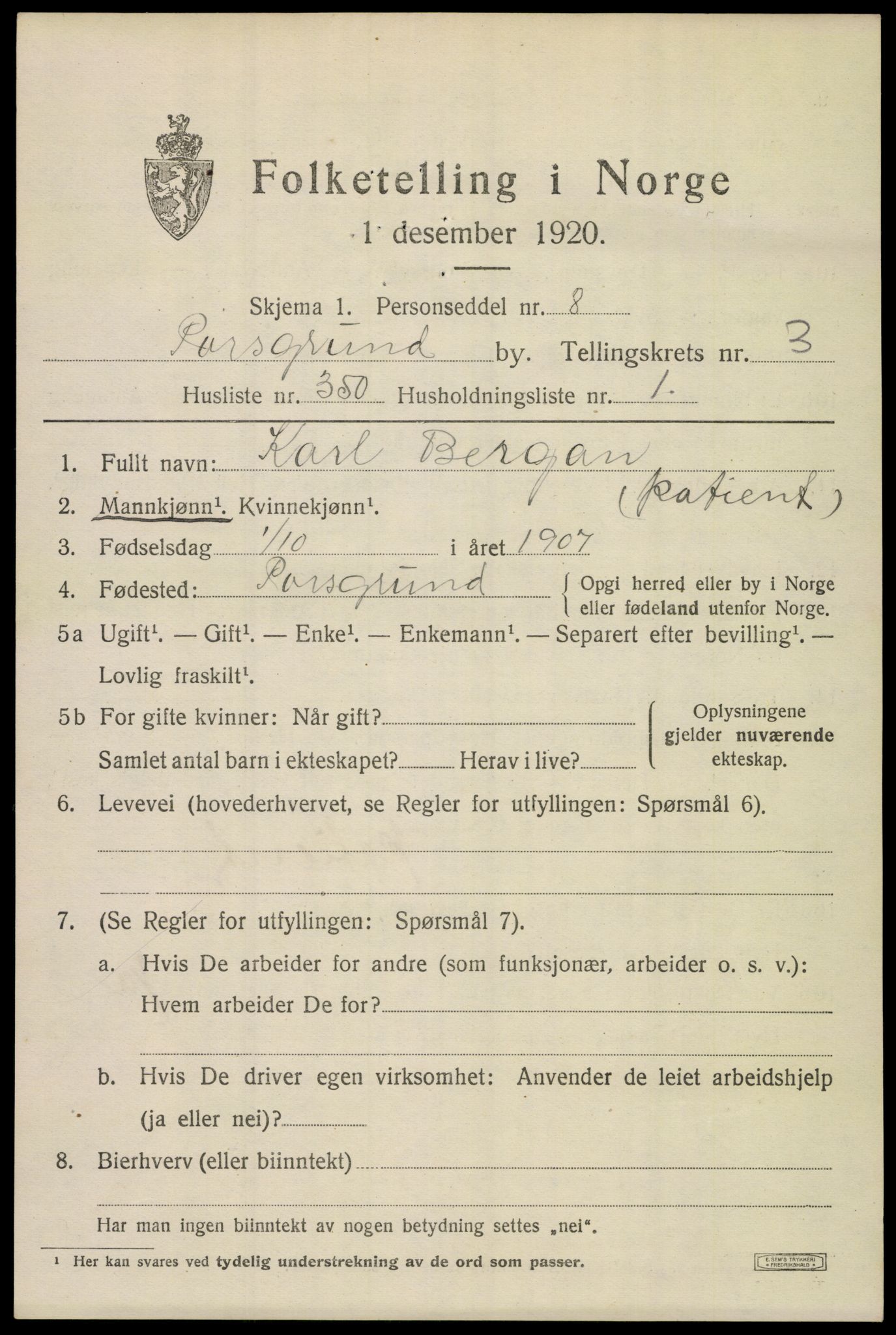 SAKO, 1920 census for Porsgrunn, 1920, p. 18883