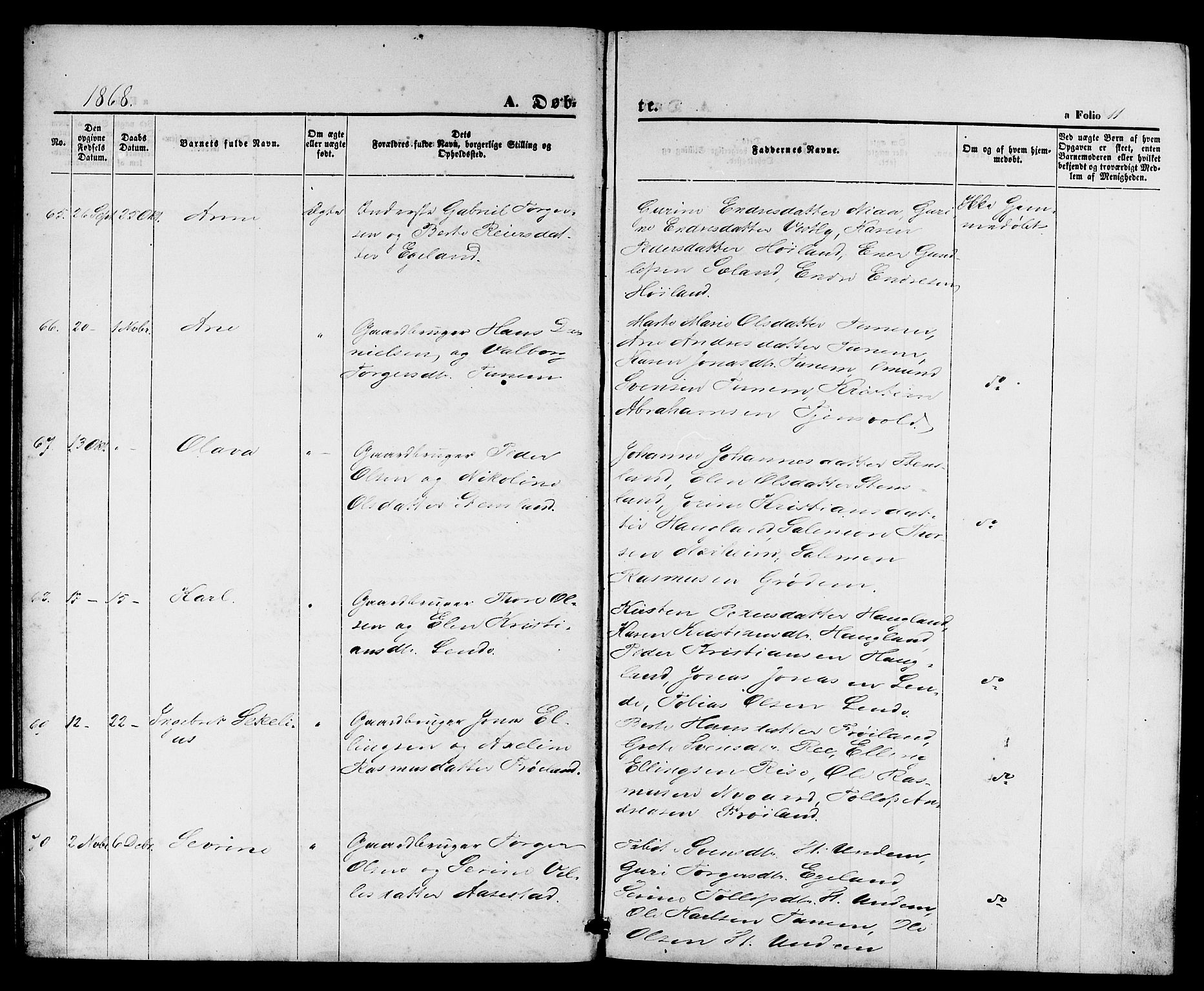 Lye sokneprestkontor, AV/SAST-A-101794/001/30BB/L0004: Parish register (copy) no. B 4, 1868-1878, p. 11