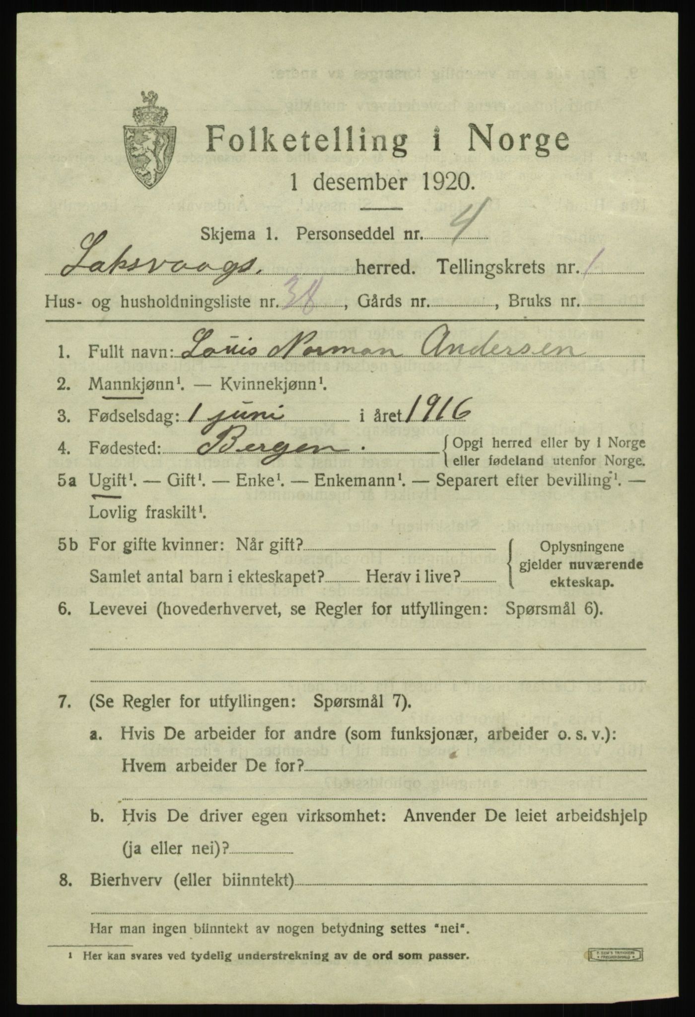 SAB, 1920 census for Laksevåg, 1920, p. 2902